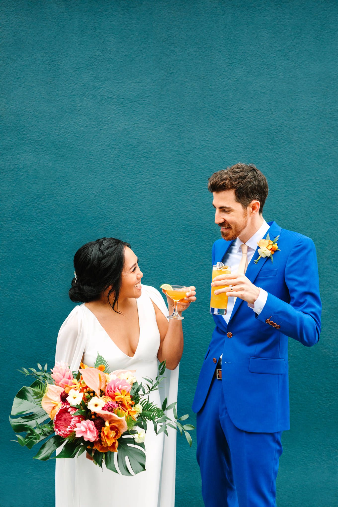 Bride and groom with cocktails | TV inspired wedding at The Fig House Los Angeles | Published on The Knot | Fresh and colorful photography for fun-loving couples in Southern California | #losangeleswedding #TVwedding #colorfulwedding #theknot   Source: Mary Costa Photography | Los Angeles wedding photographer
