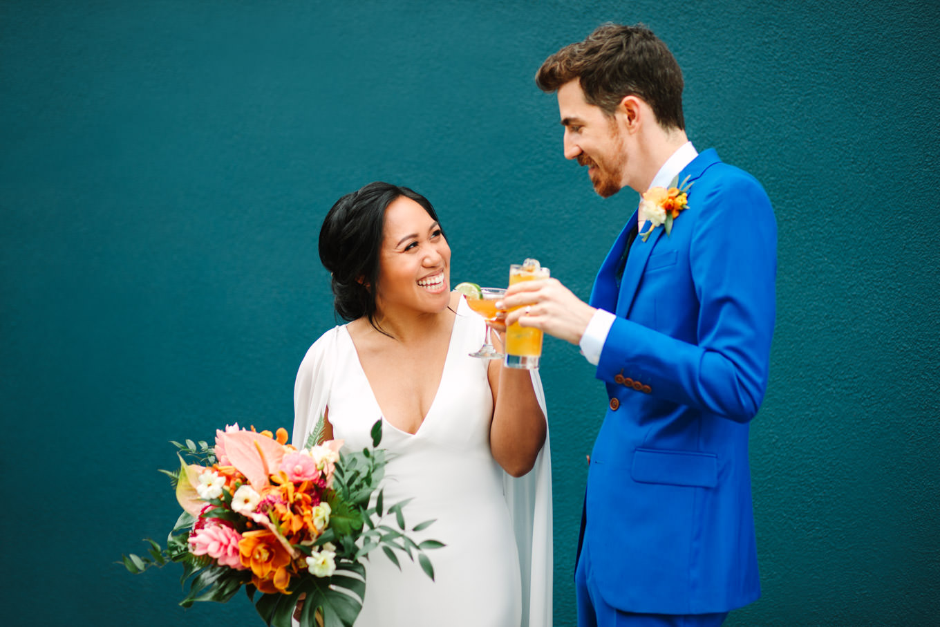Bride and groom with cocktails | TV inspired wedding at The Fig House Los Angeles | Published on The Knot | Fresh and colorful photography for fun-loving couples in Southern California | #losangeleswedding #TVwedding #colorfulwedding #theknot   Source: Mary Costa Photography | Los Angeles wedding photographer