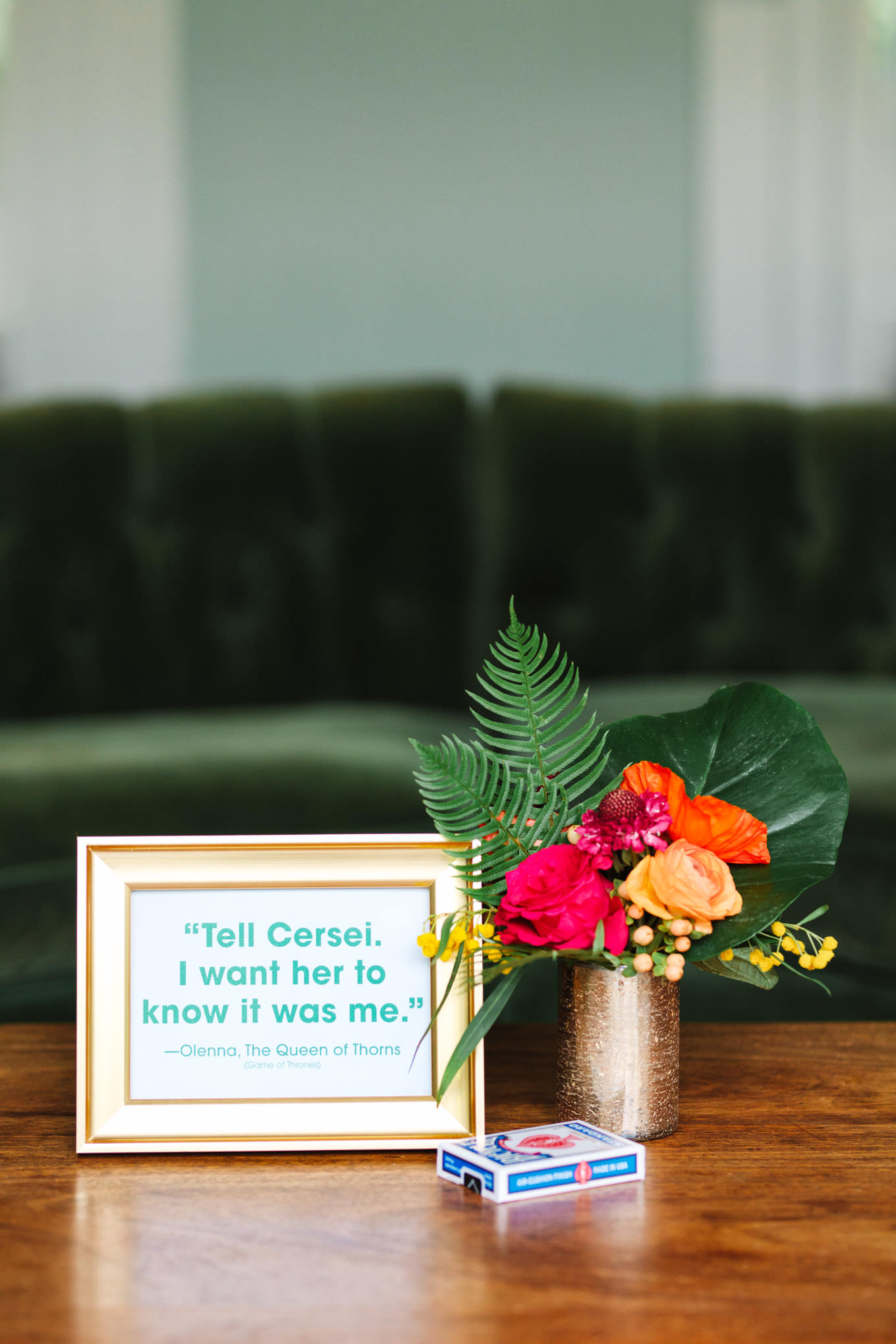 Game of Thrones quote at wedding | TV inspired wedding at The Fig House Los Angeles | Published on The Knot | Fresh and colorful photography for fun-loving couples in Southern California | #losangeleswedding #TVwedding #colorfulwedding #theknot   Source: Mary Costa Photography | Los Angeles wedding photographer