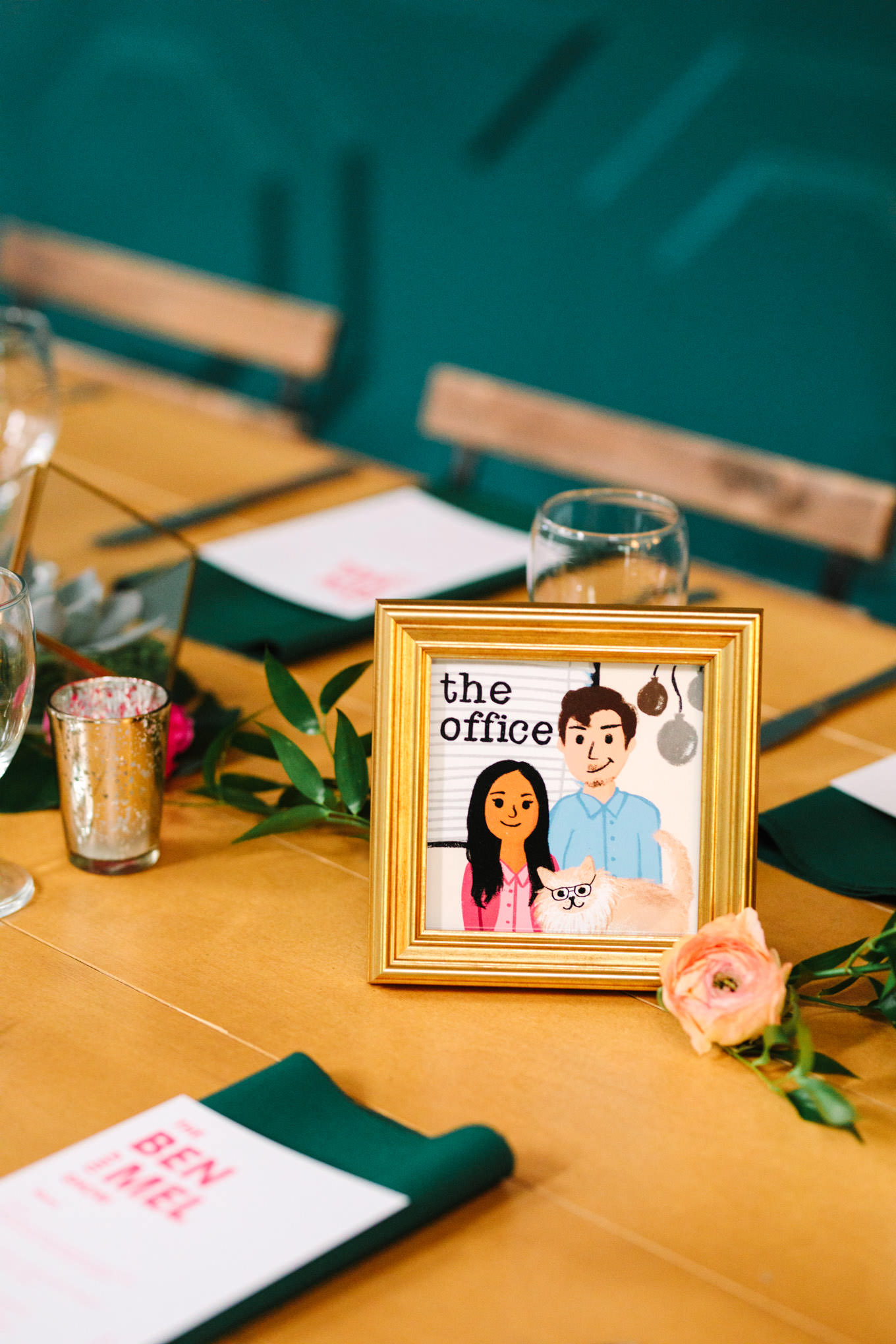 The Office table illustration featuring the bride and groom | TV inspired wedding at The Fig House Los Angeles | Published on The Knot | Fresh and colorful photography for fun-loving couples in Southern California | #losangeleswedding #TVwedding #colorfulwedding #theknot   Source: Mary Costa Photography | Los Angeles wedding photographer