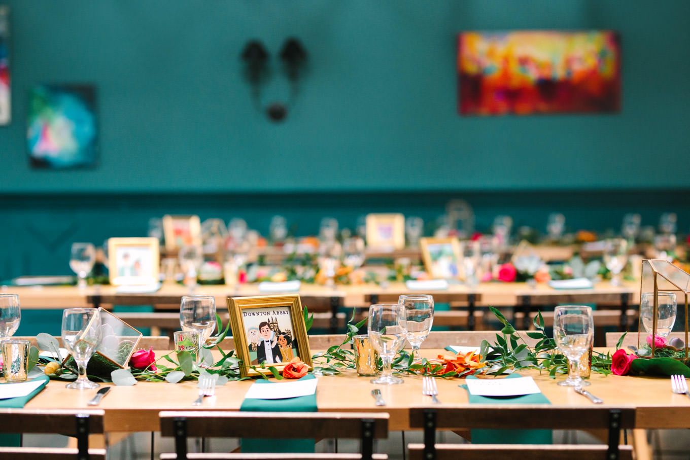 Colorful reception table with custom illustrations | TV inspired wedding at The Fig House Los Angeles | Published on The Knot | Fresh and colorful photography for fun-loving couples in Southern California | #losangeleswedding #TVwedding #colorfulwedding #theknot   Source: Mary Costa Photography | Los Angeles wedding photographer