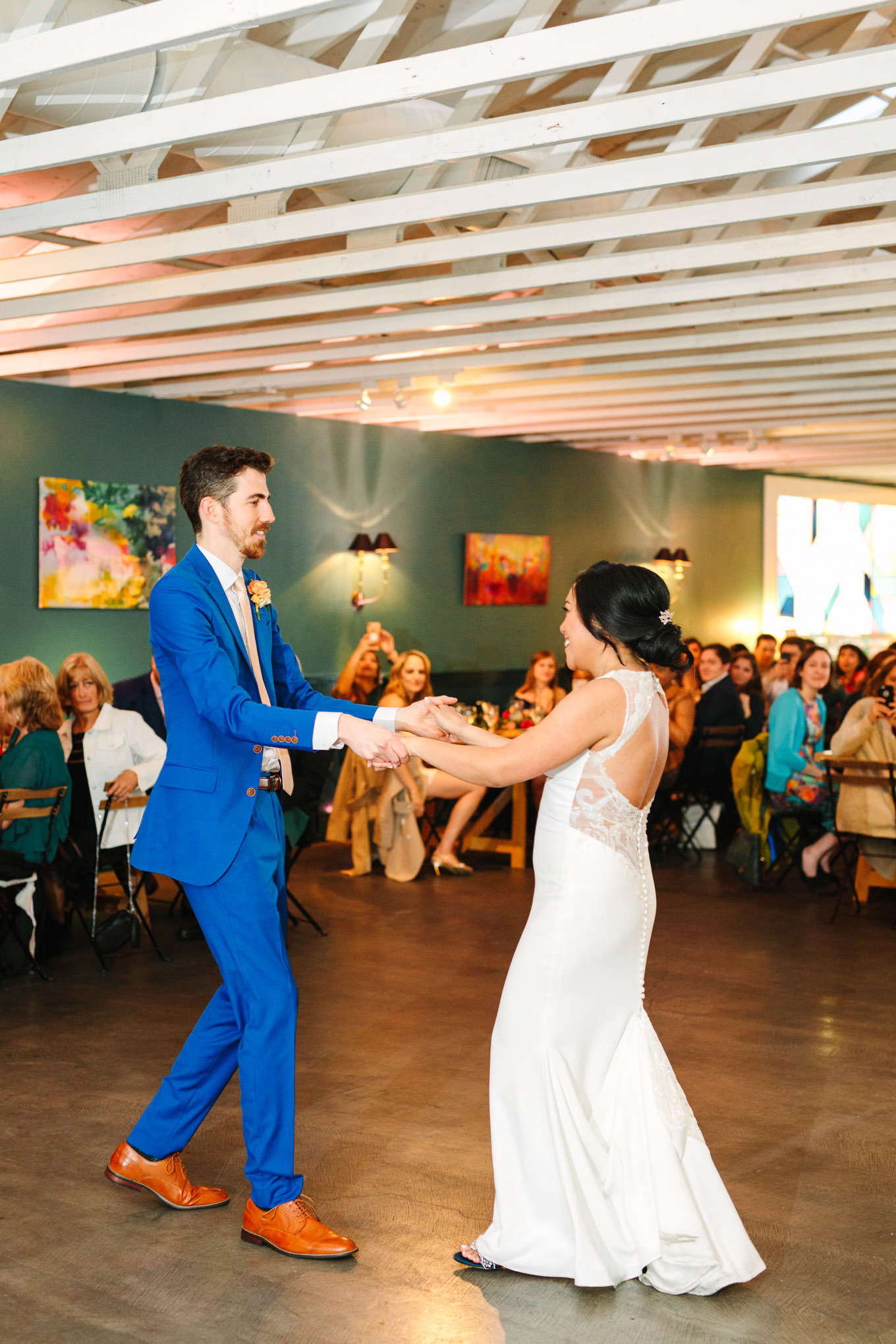 Bride and groom first dance at reception | TV inspired wedding at The Fig House Los Angeles | Published on The Knot | Fresh and colorful photography for fun-loving couples in Southern California | #losangeleswedding #TVwedding #colorfulwedding #theknot   Source: Mary Costa Photography | Los Angeles wedding photographer