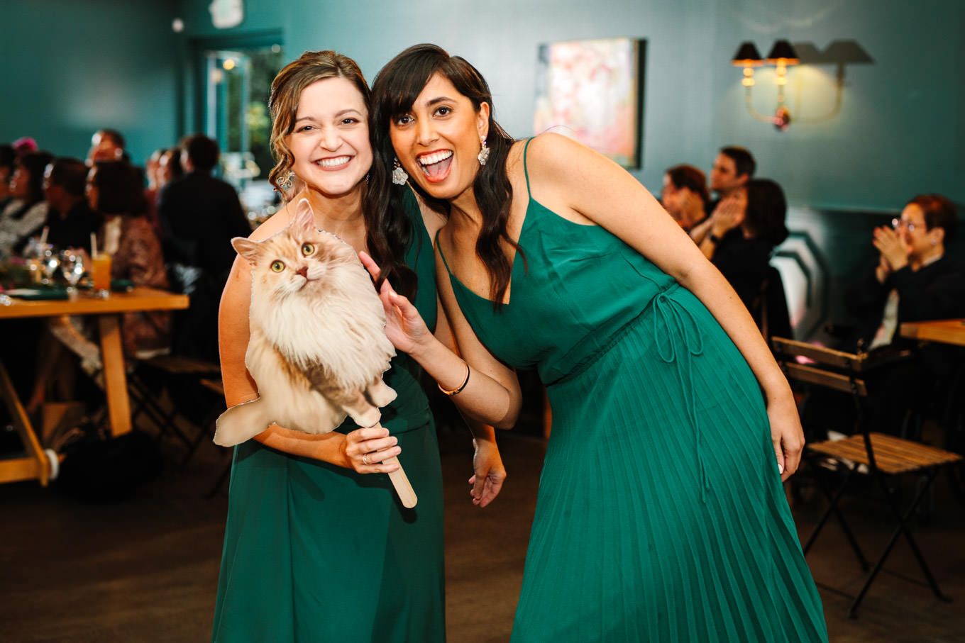 Bridesmaids with cat cutout | TV inspired wedding at The Fig House Los Angeles | Published on The Knot | Fresh and colorful photography for fun-loving couples in Southern California | #losangeleswedding #TVwedding #colorfulwedding #theknot   Source: Mary Costa Photography | Los Angeles wedding photographer