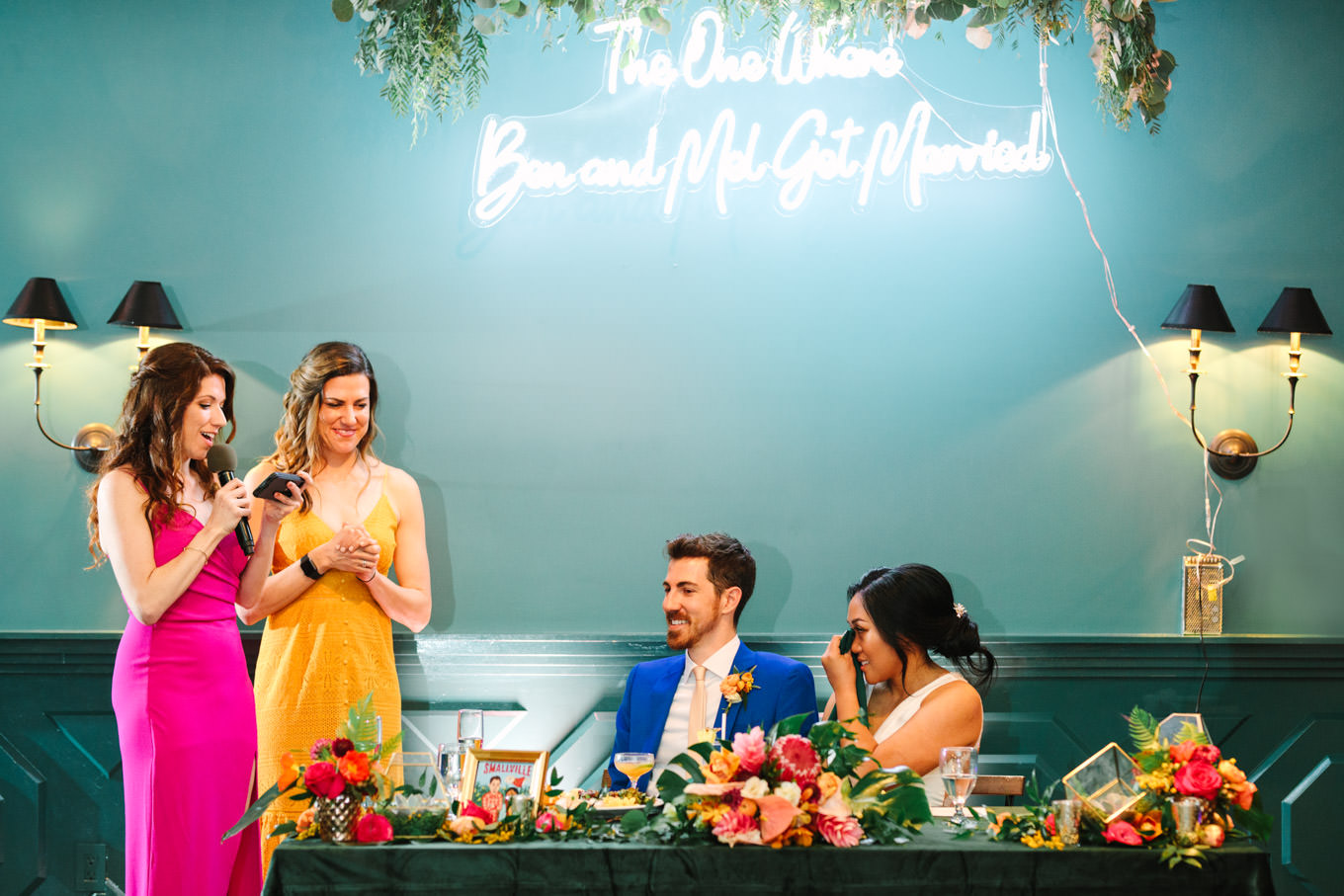 Sisters giving toast at wedding | TV inspired wedding at The Fig House Los Angeles | Published on The Knot | Fresh and colorful photography for fun-loving couples in Southern California | #losangeleswedding #TVwedding #colorfulwedding #theknot   Source: Mary Costa Photography | Los Angeles wedding photographer