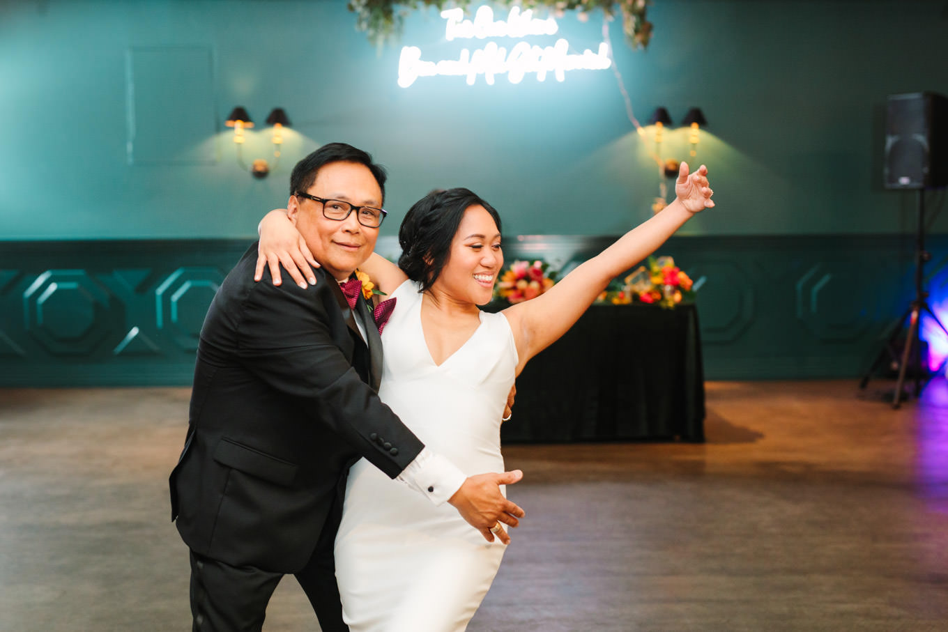 Bride and dad dancing at wedding | TV inspired wedding at The Fig House Los Angeles | Published on The Knot | Fresh and colorful photography for fun-loving couples in Southern California | #losangeleswedding #TVwedding #colorfulwedding #theknot   Source: Mary Costa Photography | Los Angeles wedding photographer