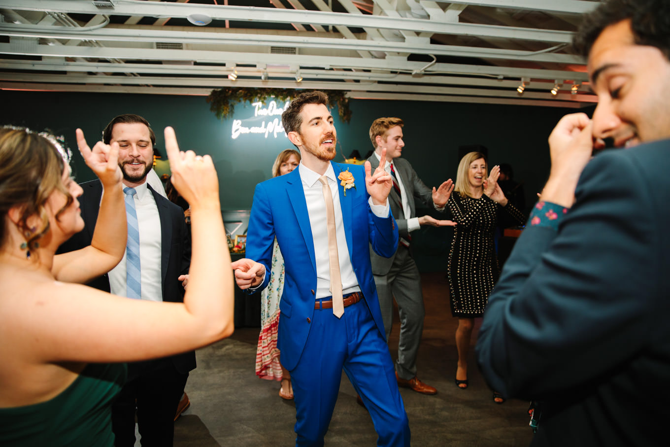 Dancing at wedding reception | TV inspired wedding at The Fig House Los Angeles | Published on The Knot | Fresh and colorful photography for fun-loving couples in Southern California | #losangeleswedding #TVwedding #colorfulwedding #theknot   Source: Mary Costa Photography | Los Angeles wedding photographer