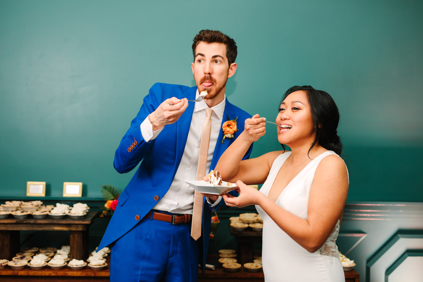 Bride and groom eating pie together | TV inspired wedding at The Fig House Los Angeles | Published on The Knot | Fresh and colorful photography for fun-loving couples in Southern California | #losangeleswedding #TVwedding #colorfulwedding #theknot   Source: Mary Costa Photography | Los Angeles wedding photographer