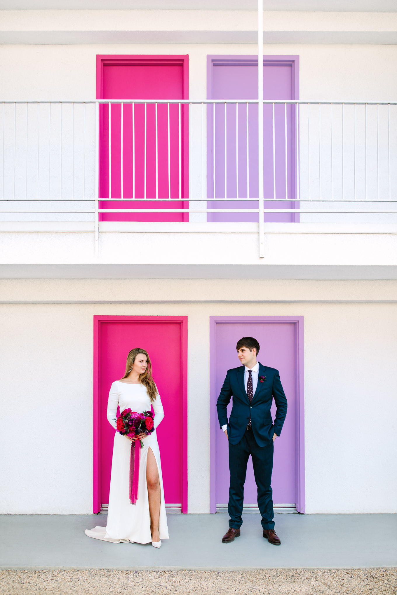 Bride and groom at colorful Saguaro Hotel | Colorful jewel tone Palm Springs elopement | Fresh and colorful photography for fun-loving couples in Southern California | #colorfulelopement #palmspringselopement #elopementphotography #palmspringswedding Source: Mary Costa Photography | Los Angeles