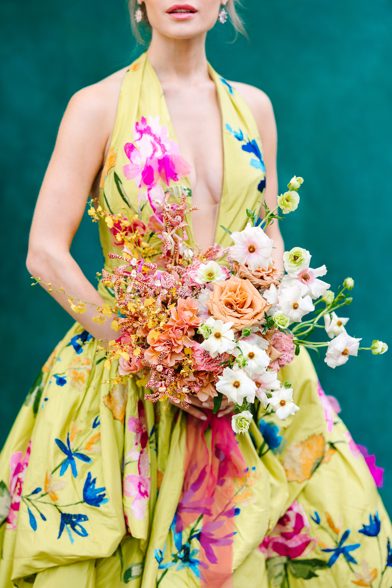Chartreuse floral Marchesa gown on emerald painted backdrop | Kindred Presets x Mary Costa Photography Sands Hotel Ad Campaign | Colorful Palm Springs wedding photography | #palmspringsphotographer #lightroompresets #sandshotel #pinkhotel #kindredpresets  Source: Mary Costa Photography | Los Angeles
