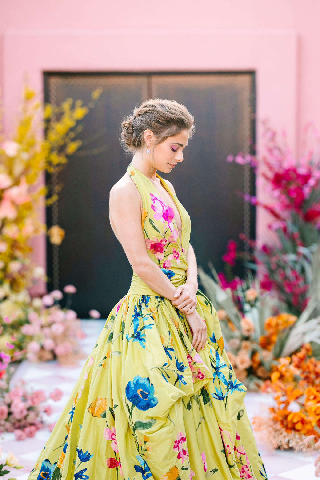 Chartreuse floral Marchesa gown on checkered runway | Kindred Presets x Mary Costa Photography Sands Hotel Ad Campaign | Colorful Palm Springs wedding photography | #palmspringsphotographer #lightroompresets #sandshotel #pinkhotel   Source: Mary Costa Photography | Los Angeles