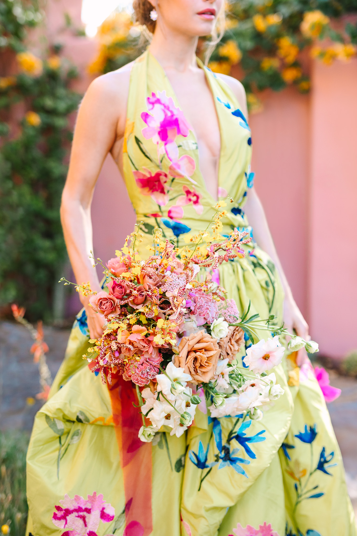 Chartreuse floral embroidered Marchesa gown at the Sands Hotel & Spa | Kindred Presets x Mary Costa Photography Sands Hotel Ad Campaign | Colorful Palm Springs wedding photography | #palmspringsphotographer #lightroompresets #sandshotel #pinkhotel #kindredpresets  Source: Mary Costa Photography | Los Angeles