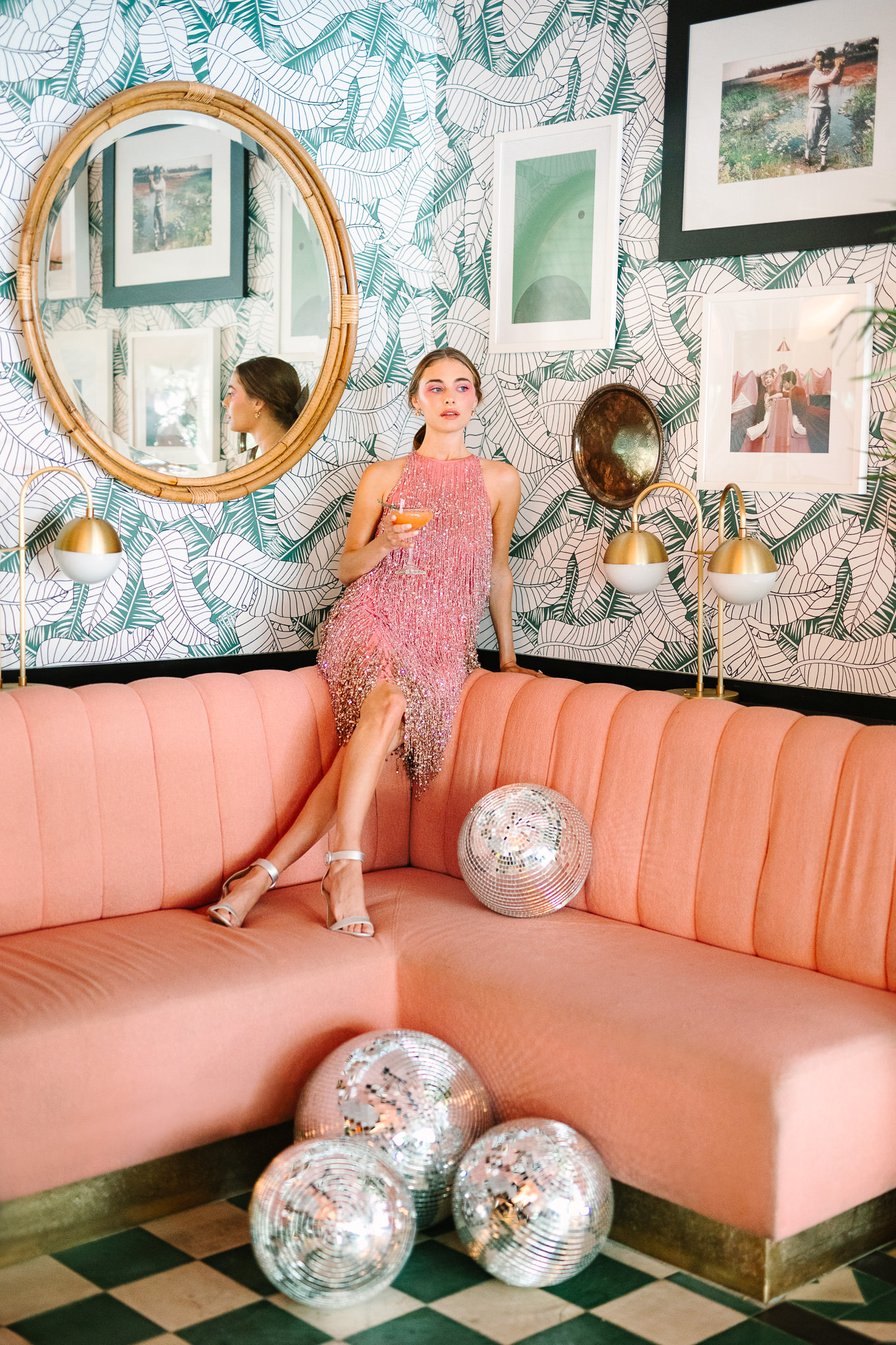 Naeem Khan pink fringe dress in Pink Cabana Restaurant | Kindred Presets x Mary Costa Photography Sands Hotel Ad Campaign | Colorful Palm Springs wedding photography | #palmspringsphotographer #lightroompresets #sandshotel #pinkhotel   Source: Mary Costa Photography | Los Angeles