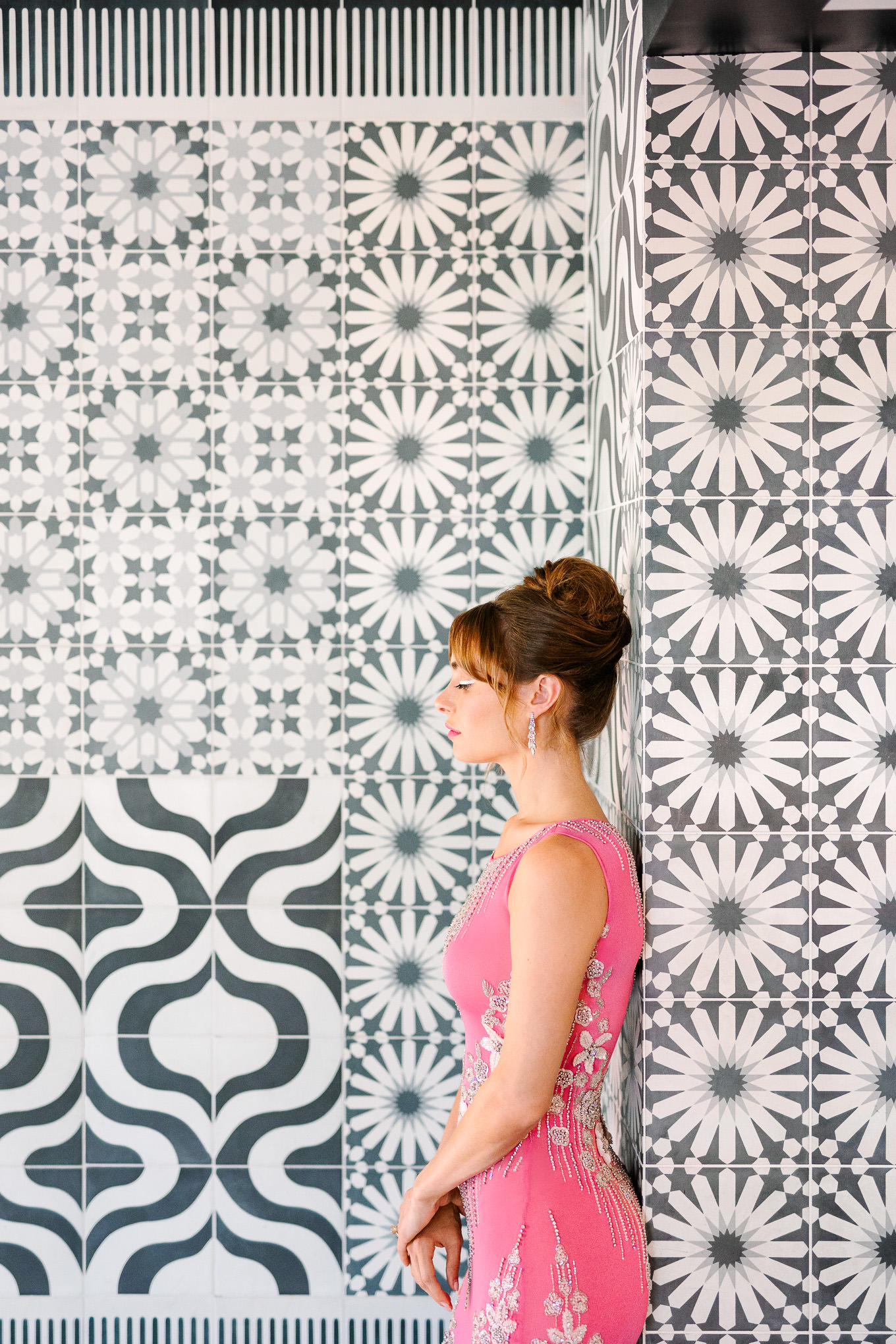 Beaded pink Naeem Khan gown in Sands Hotel tiled lobby | Kindred Presets x Mary Costa Photography Sands Hotel Ad Campaign | Colorful Palm Springs wedding photography | #palmspringsphotographer #lightroompresets #sandshotel #pinkhotel   Source: Mary Costa Photography | Los Angeles