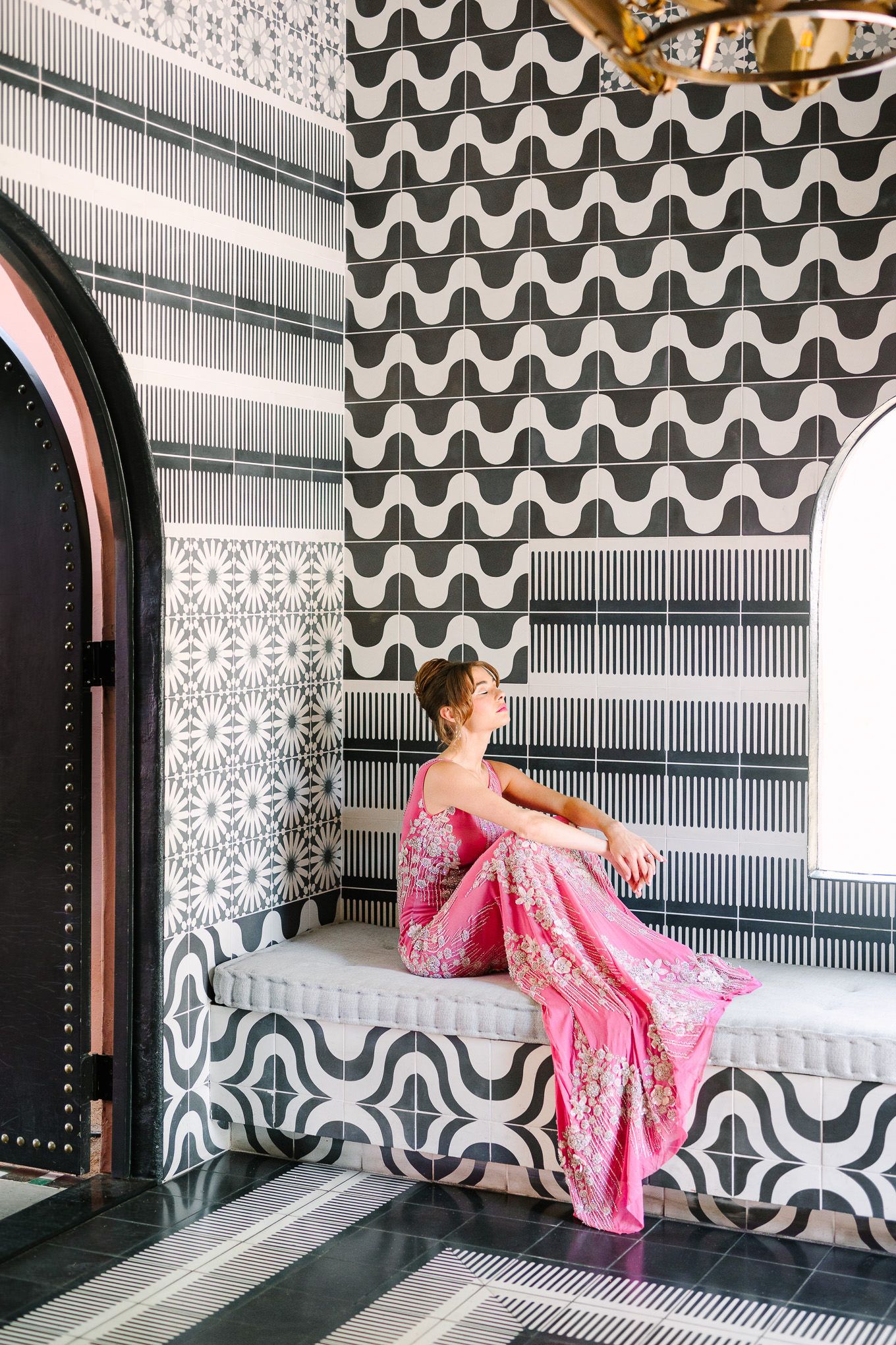 Beaded pink Naeem Khan gown in Sands Hotel tiled lobby | Kindred Presets x Mary Costa Photography Sands Hotel Ad Campaign | Colorful Palm Springs wedding photography | #palmspringsphotographer #lightroompresets #sandshotel #pinkhotel   Source: Mary Costa Photography | Los Angeles