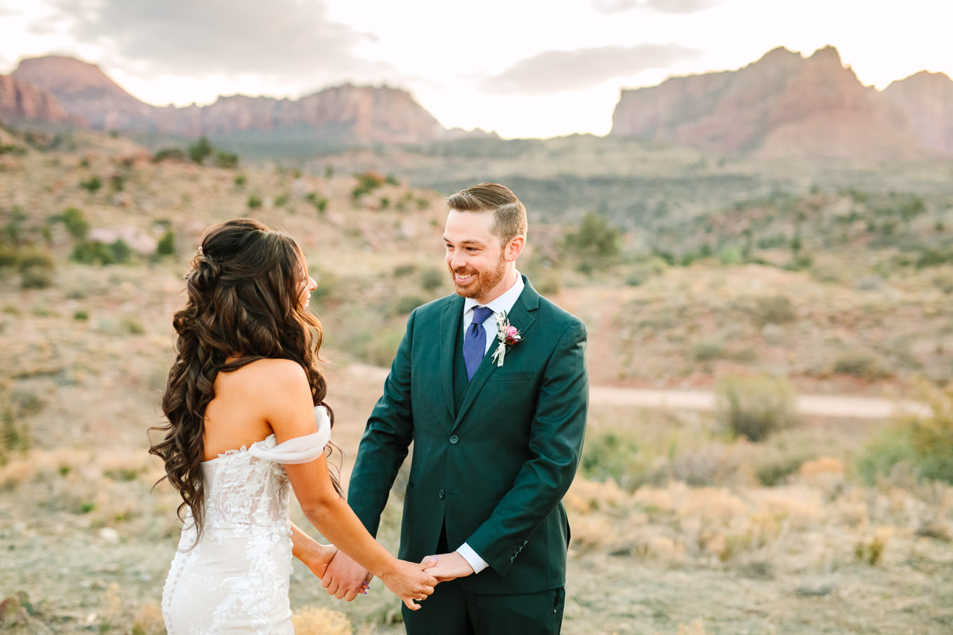 Bride and groom camping first look | Zion Under Canvas Elopement at Sunrise | Colorful adventure elopement photography | #utahelopement #zionelopement #zionwedding #undercanvaszion #sunriseelopement  Source: Mary Costa Photography | Los Angeles