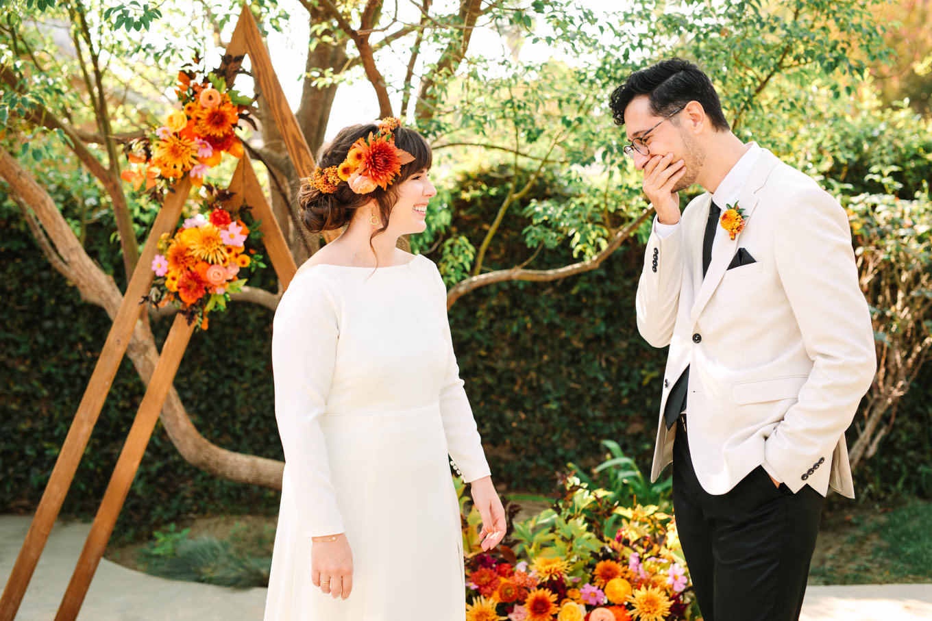 Groom's reaction to bride's first look | Vibrant backyard micro wedding featured on Green Wedding Shoes | Colorful LA wedding photography | #losangeleswedding #backyardwedding #microwedding #laweddingphotographer Source: Mary Costa Photography | Los Angeles