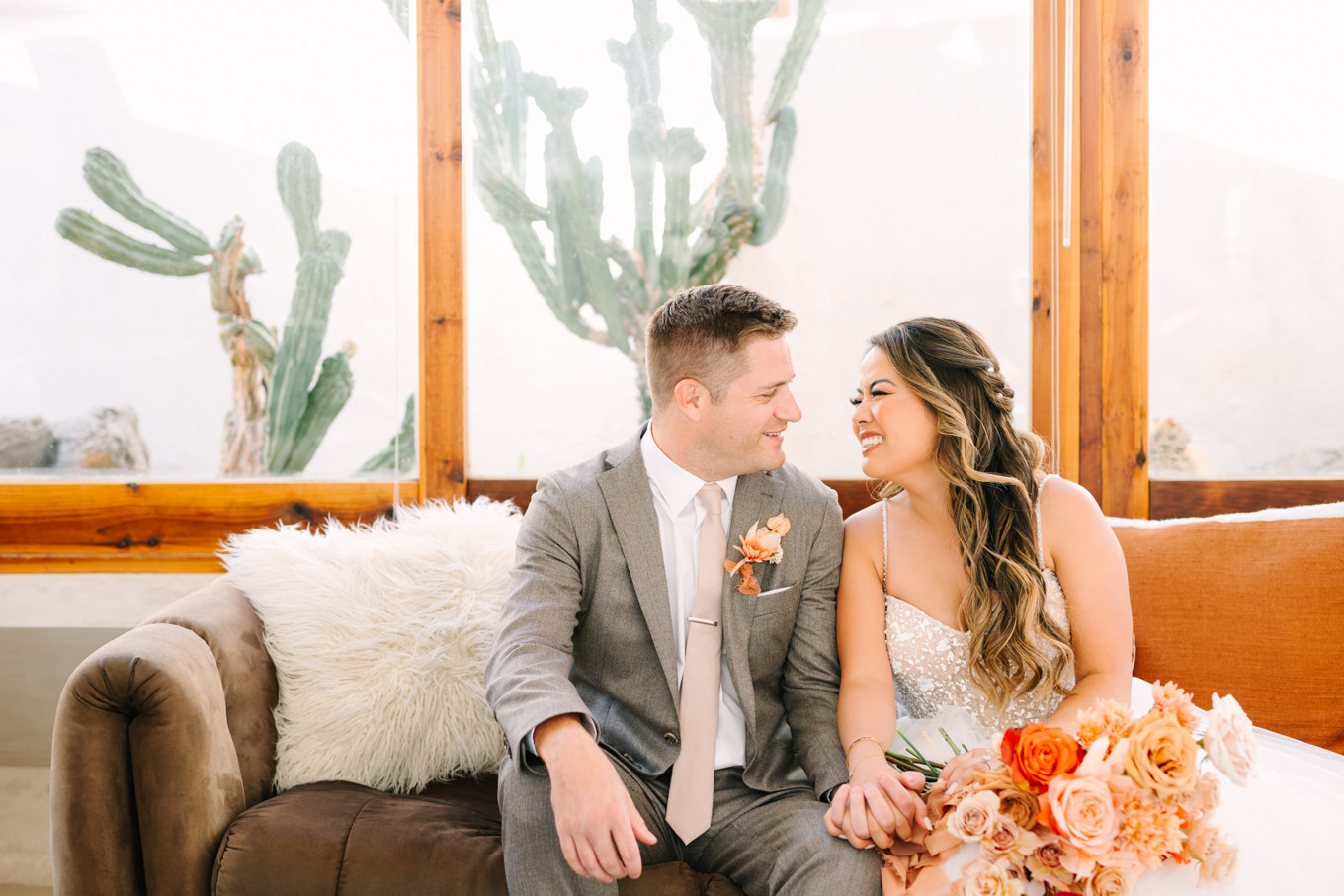 Bride and groom before ceremony | Pink and orange Lautner Compound wedding | Colorful Palm Springs wedding photography | #palmspringsphotographer #palmspringswedding #lautnercompound #southerncaliforniawedding  Source: Mary Costa Photography | Los Angeles