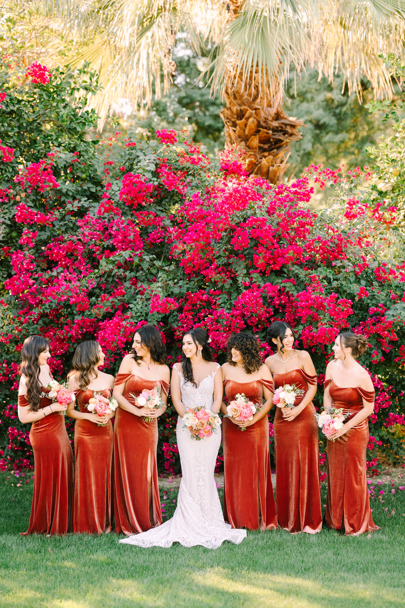 Orange bridal party| Pink Bougainvillea Estate wedding | Colorful LA wedding photography | #bougainvilleaestate #palmspringswedding #palmspringsweddingvenue #palmspringsphotographer Source: Mary Costa Photography | Los Angeles