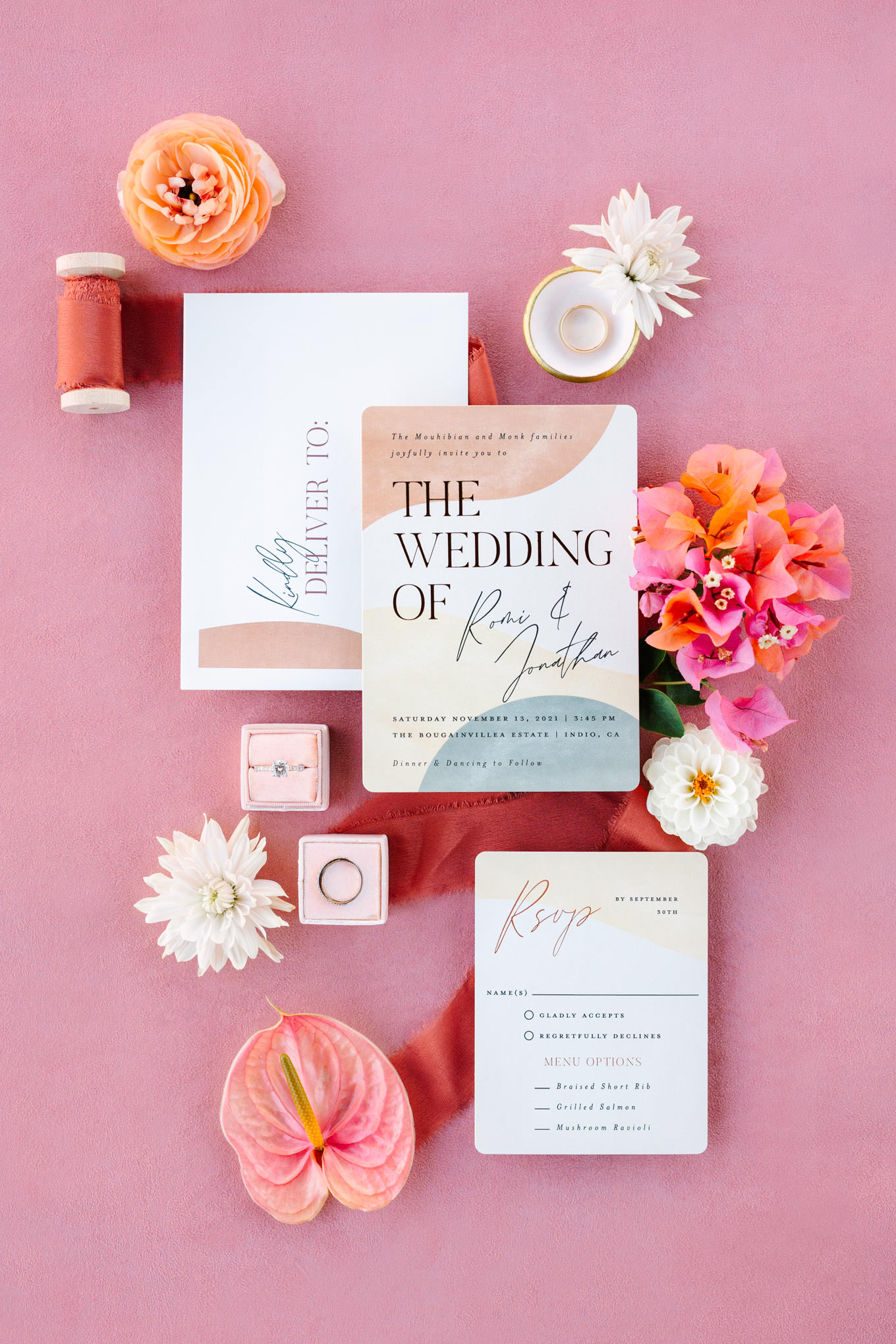 Wedding Invitation | Pink Bougainvillea Estate wedding | Colorful LA wedding photography | #bougainvilleaestate #palmspringswedding #palmspringsweddingvenue #palmspringsphotographer Source: Mary Costa Photography | Los Angeles