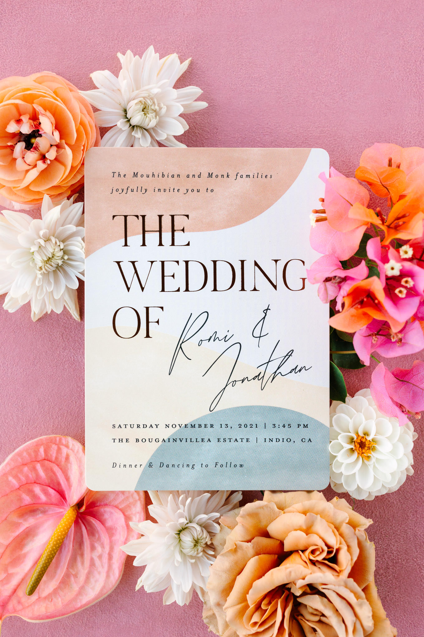 Wedding invitation | Pink Bougainvillea Estate wedding | Colorful LA wedding photography | #bougainvilleaestate #palmspringswedding #palmspringsweddingvenue #palmspringsphotographer Source: Mary Costa Photography | Los Angeles