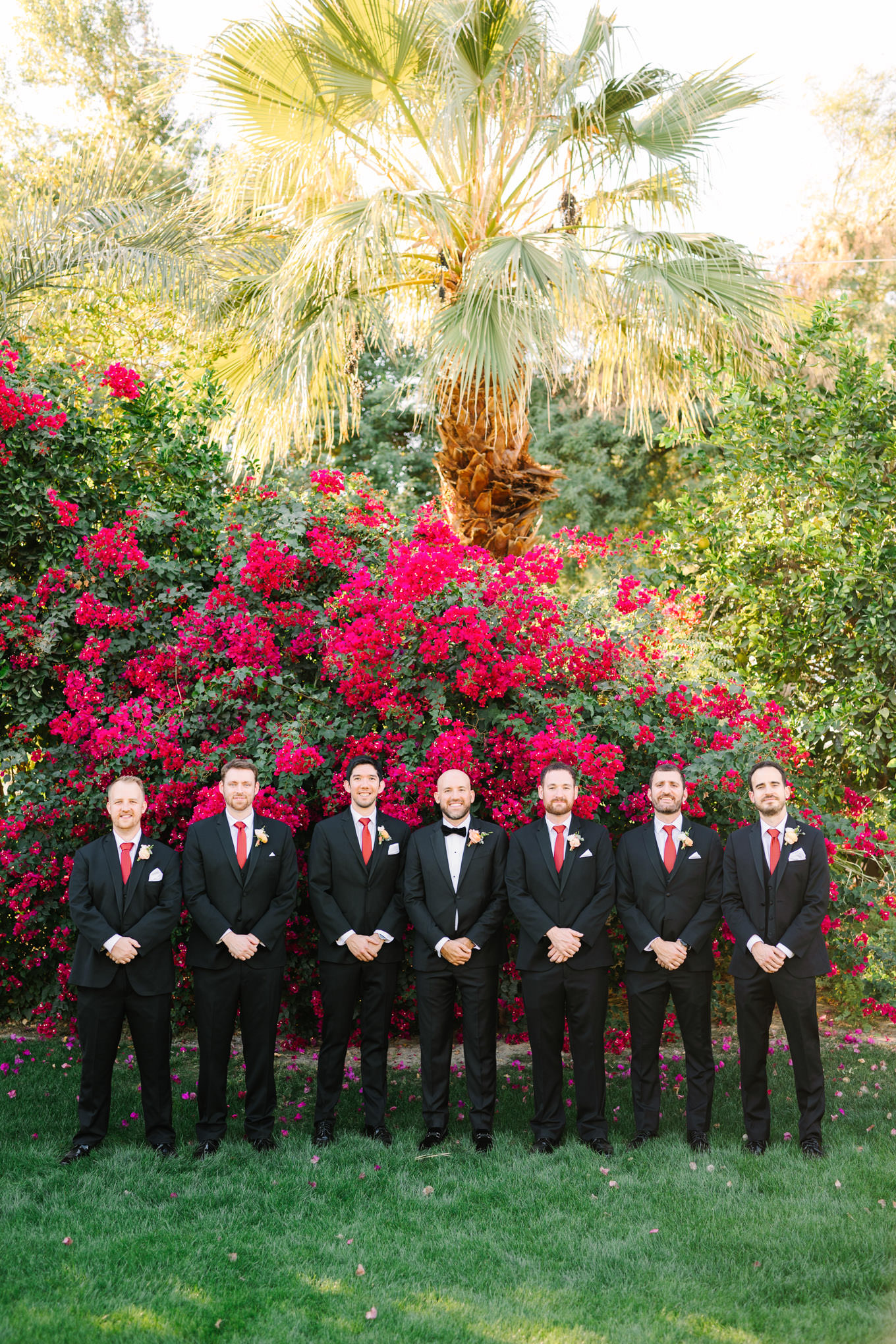 Groomsmen portraits | Pink Bougainvillea Estate wedding | Colorful LA wedding photography | #bougainvilleaestate #palmspringswedding #palmspringsweddingvenue #palmspringsphotographer Source: Mary Costa Photography | Los Angeles