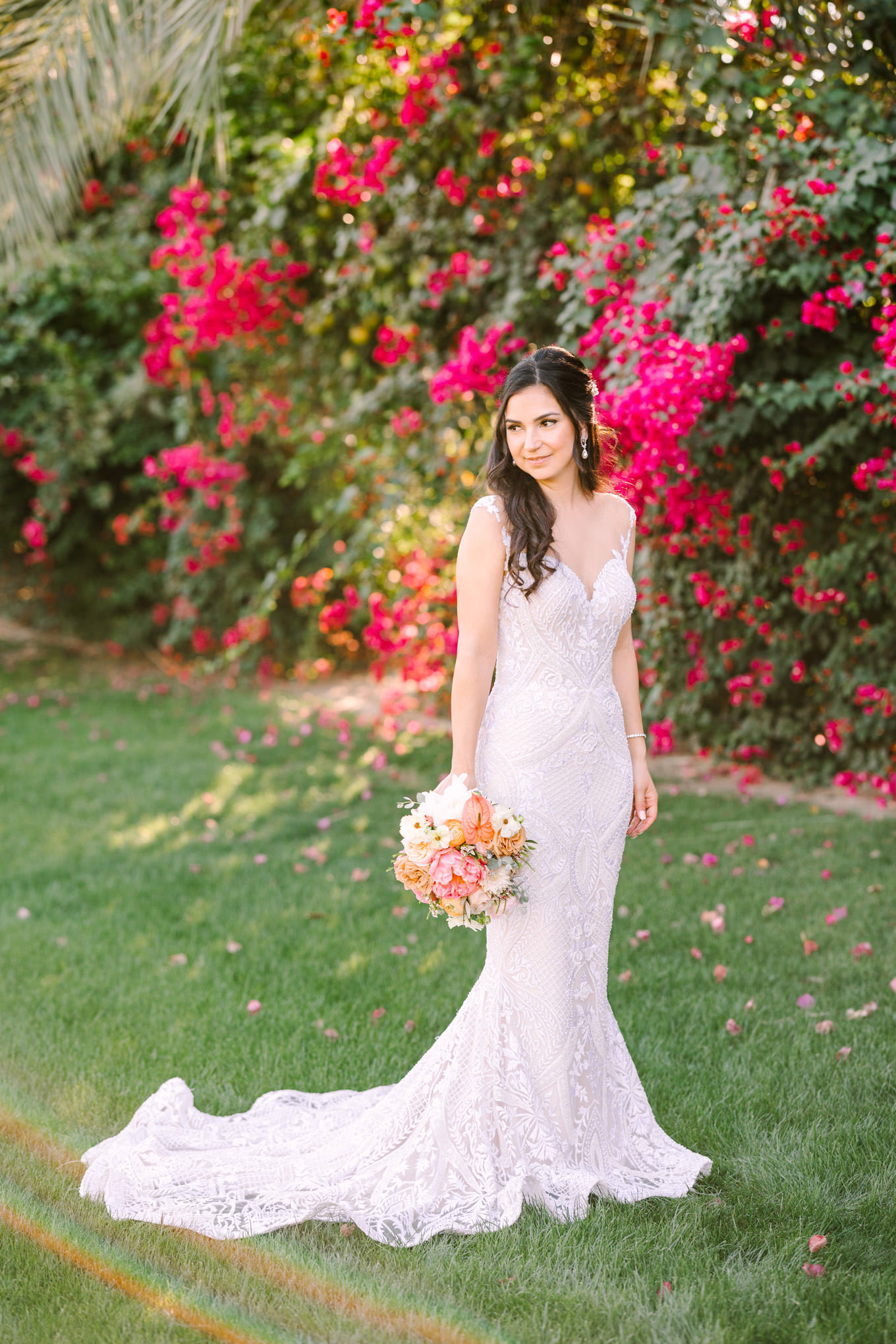 Bride with bouquet | Pink Bougainvillea Estate wedding | Colorful LA wedding photography | #bougainvilleaestate #palmspringswedding #palmspringsweddingvenue #palmspringsphotographer Source: Mary Costa Photography | Los Angeles