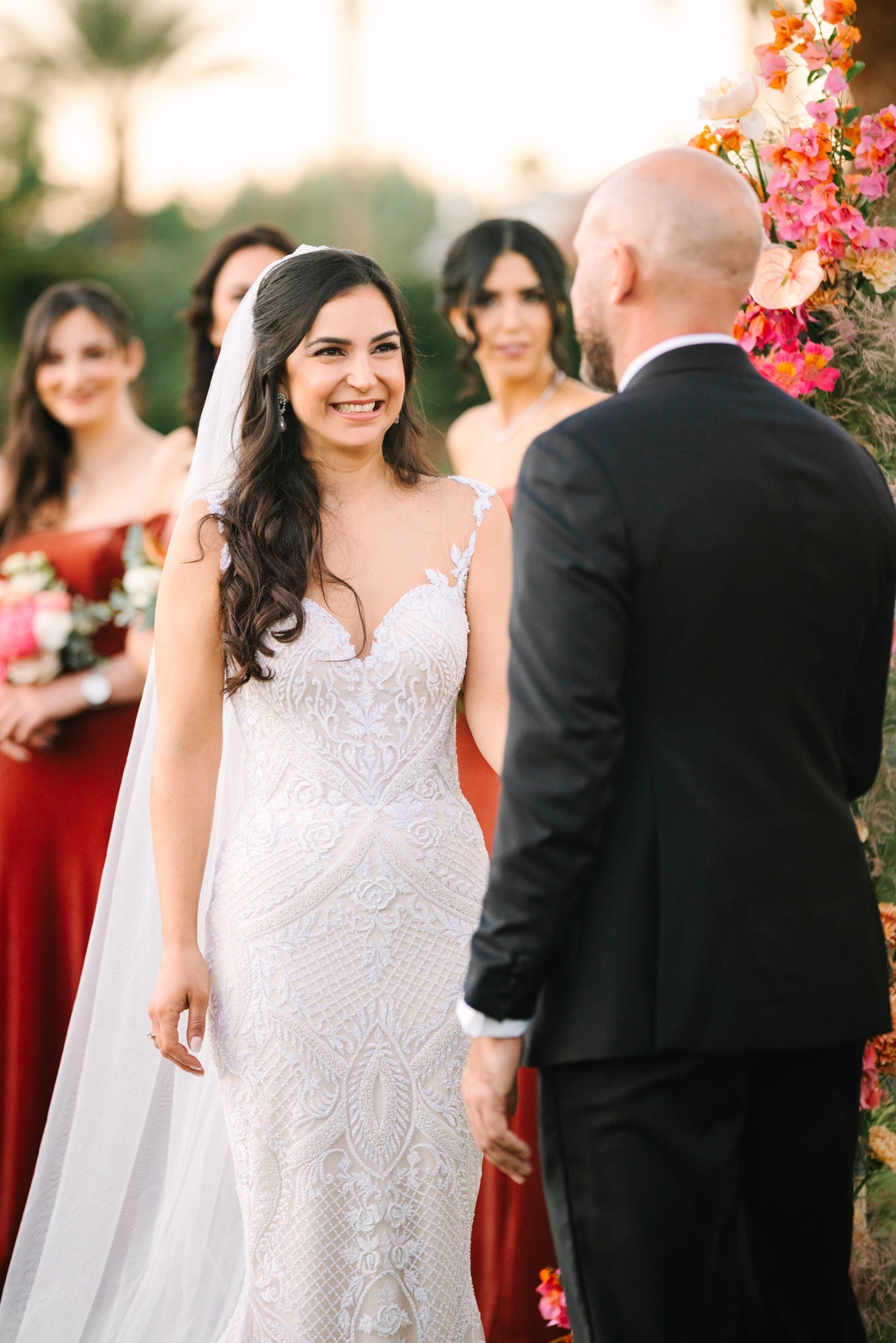 Bride during ceremony | Pink Bougainvillea Estate wedding | Colorful LA wedding photography | #bougainvilleaestate #palmspringswedding #palmspringsweddingvenue #palmspringsphotographer Source: Mary Costa Photography | Los Angeles