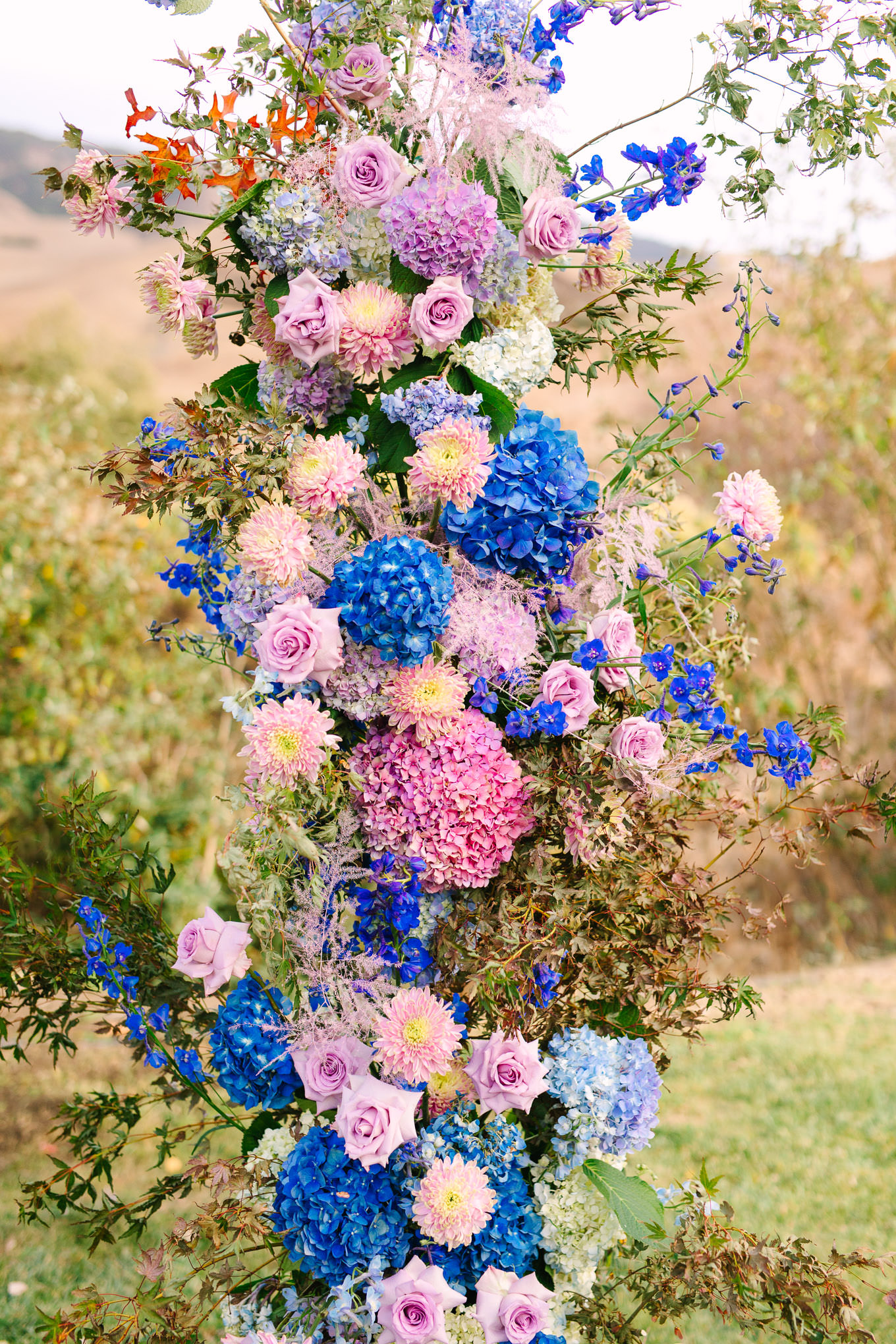 Blue and purple wedding ceremony flower arch | Colorful and quirky wedding at Higuera Ranch in San Luis Obispo | #sanluisobispowedding #californiawedding #higueraranch #madonnainn   
Source: Mary Costa Photography | Los Angeles
