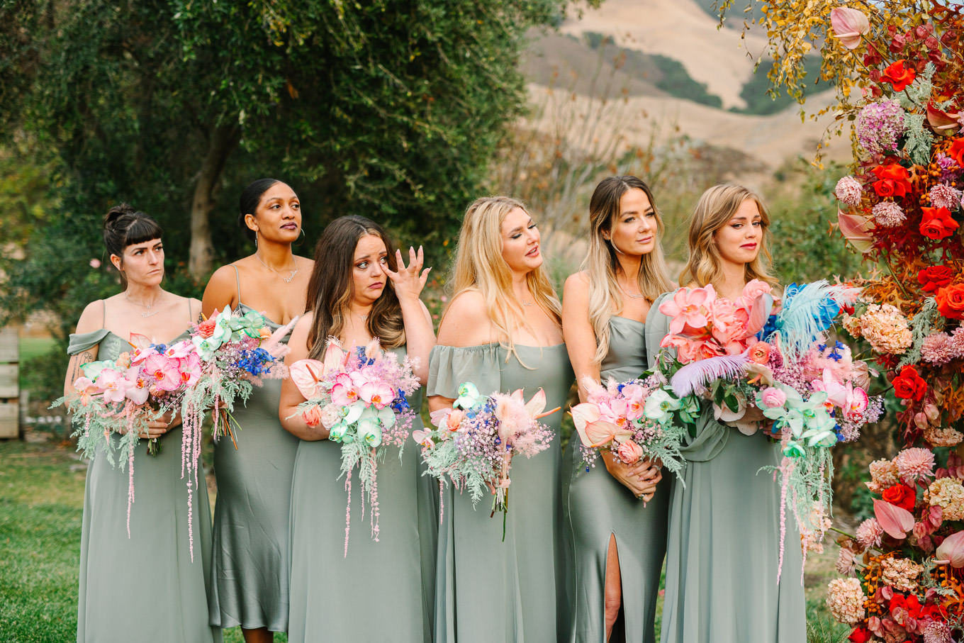 Bridesmaids crying | Colorful and quirky wedding at Higuera Ranch in San Luis Obispo | #sanluisobispowedding #californiawedding #higueraranch #madonnainn   Source: Mary Costa Photography | Los Angeles