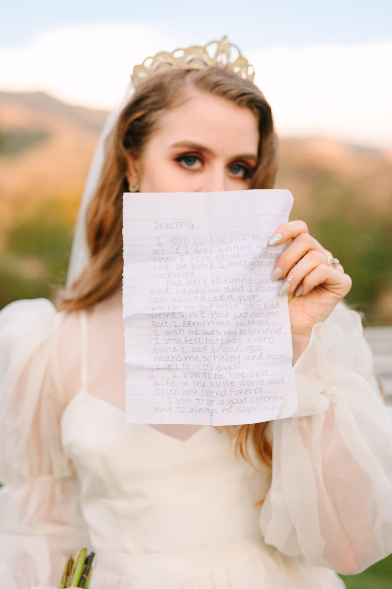 Bride holding wedding vows | Colorful and quirky wedding at Higuera Ranch in San Luis Obispo | #sanluisobispowedding #californiawedding #higueraranch #madonnainn   
Source: Mary Costa Photography | Los Angeles