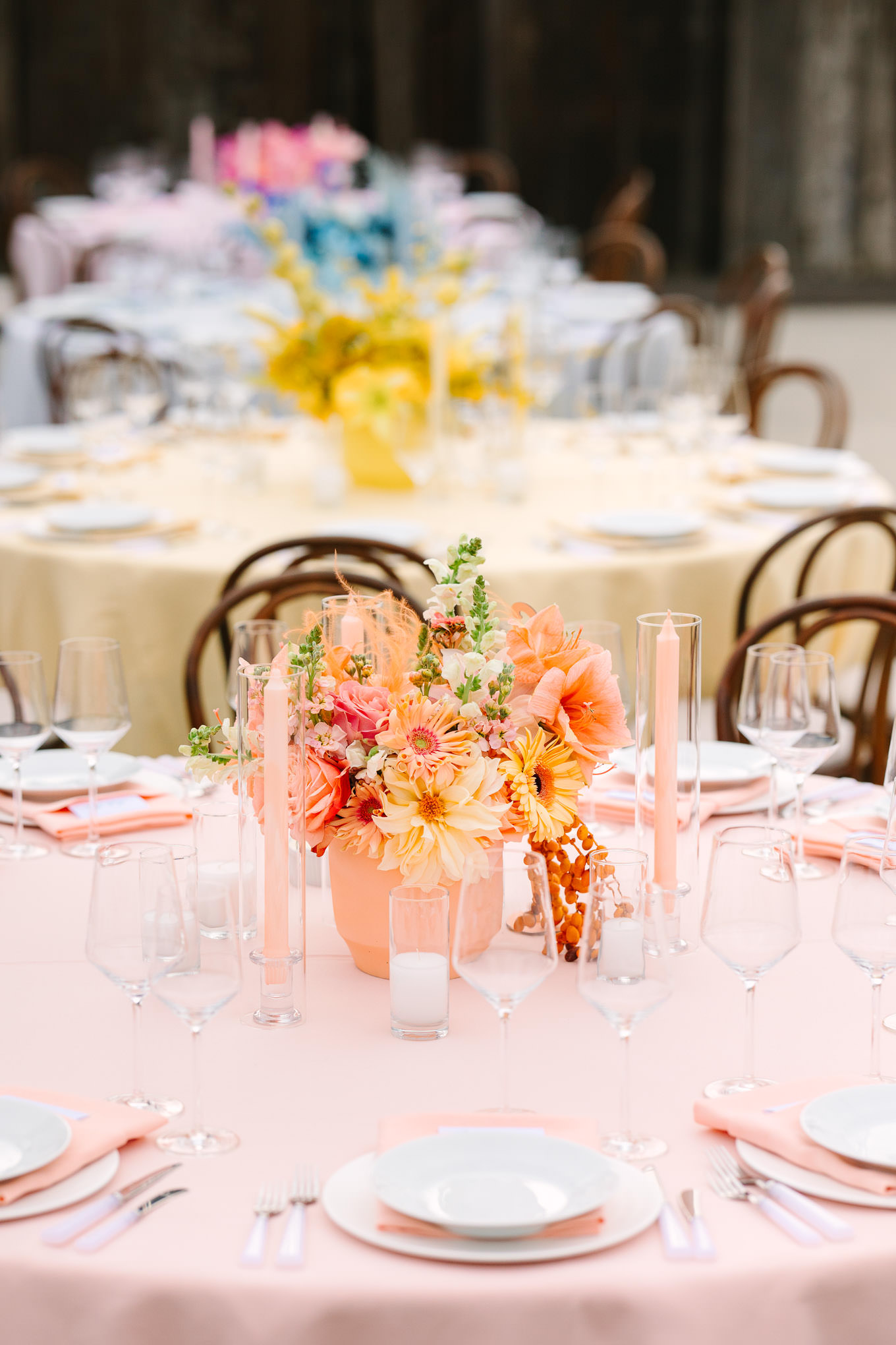 Monochromatic pastel wedding tables | Colorful and quirky wedding at Higuera Ranch in San Luis Obispo | #sanluisobispowedding #californiawedding #higueraranch #madonnainn   Source: Mary Costa Photography | Los Angeles
