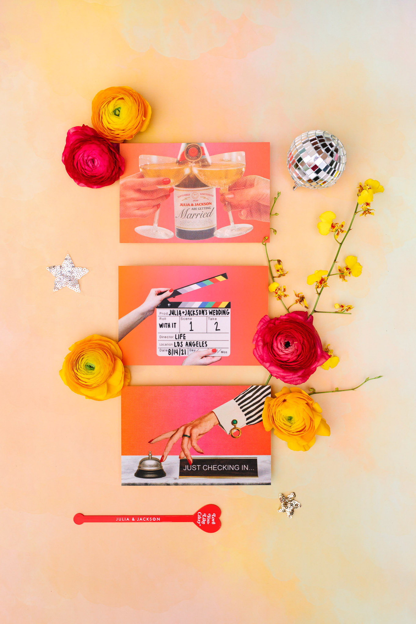 Guest postcards for wedding designed by bride Julia Walck | Colorful Downtown Los Angeles Valentine Wedding | Los Angeles wedding photographer | #losangeleswedding #colorfulwedding #DTLA #valentinedtla   Source: Mary Costa Photography | Los Angeles