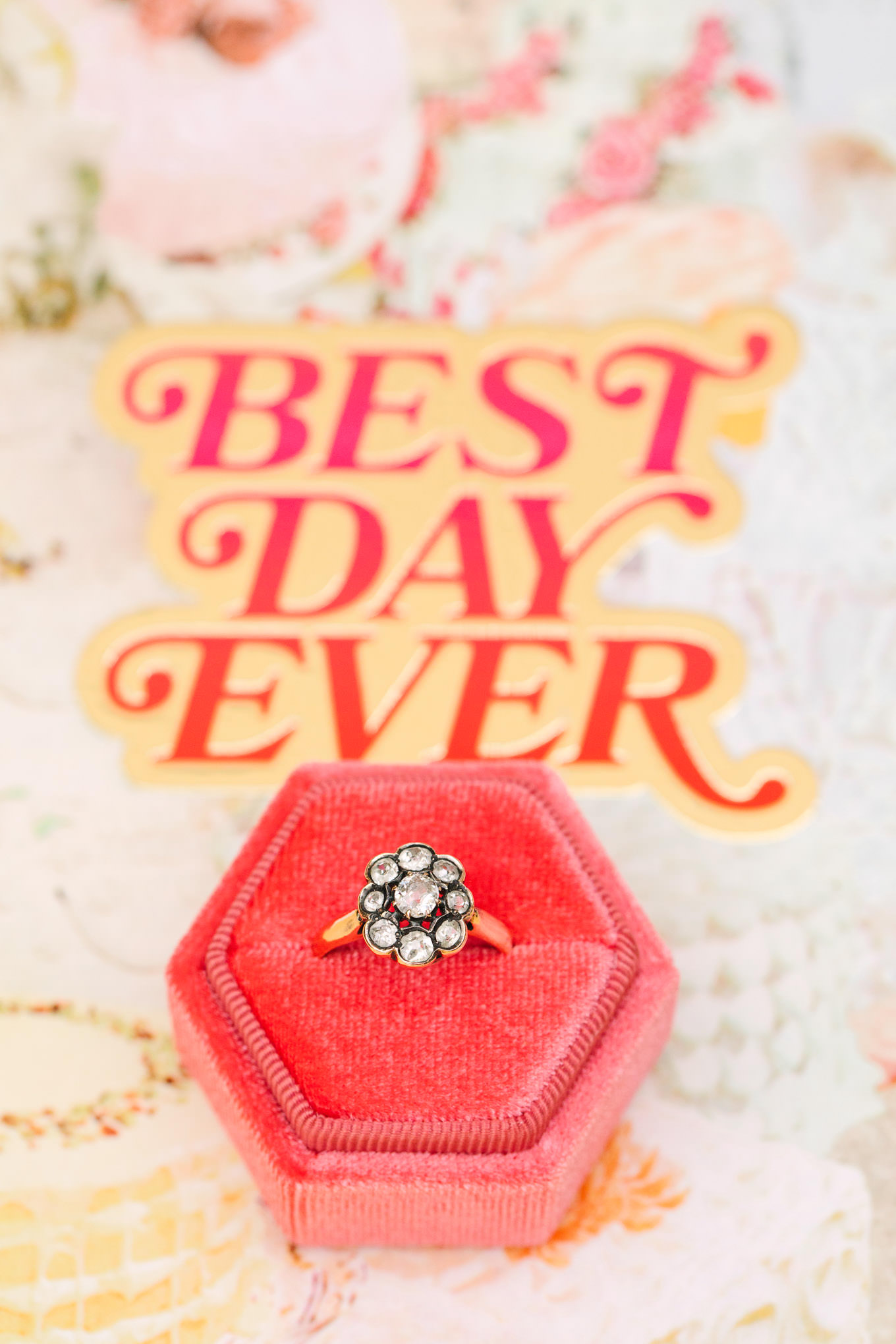 Vintage engagement ring on wedding invitation | Colorful Downtown Los Angeles Valentine Wedding | Los Angeles wedding photographer | #losangeleswedding #colorfulwedding #DTLA #valentinedtla   Source: Mary Costa Photography | Los Angeles
