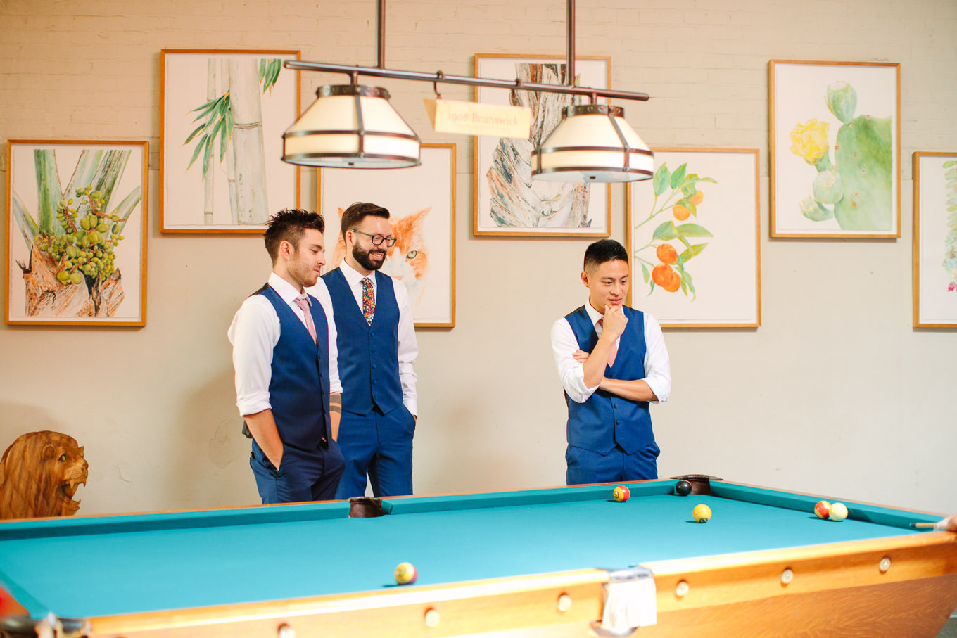 Groomsmen hanging out at Marvimon's Flora Chang | Colorful Downtown Los Angeles Valentine Wedding | Los Angeles wedding photographer | #losangeleswedding #colorfulwedding #DTLA #valentinedtla   Source: Mary Costa Photography | Los Angeles
