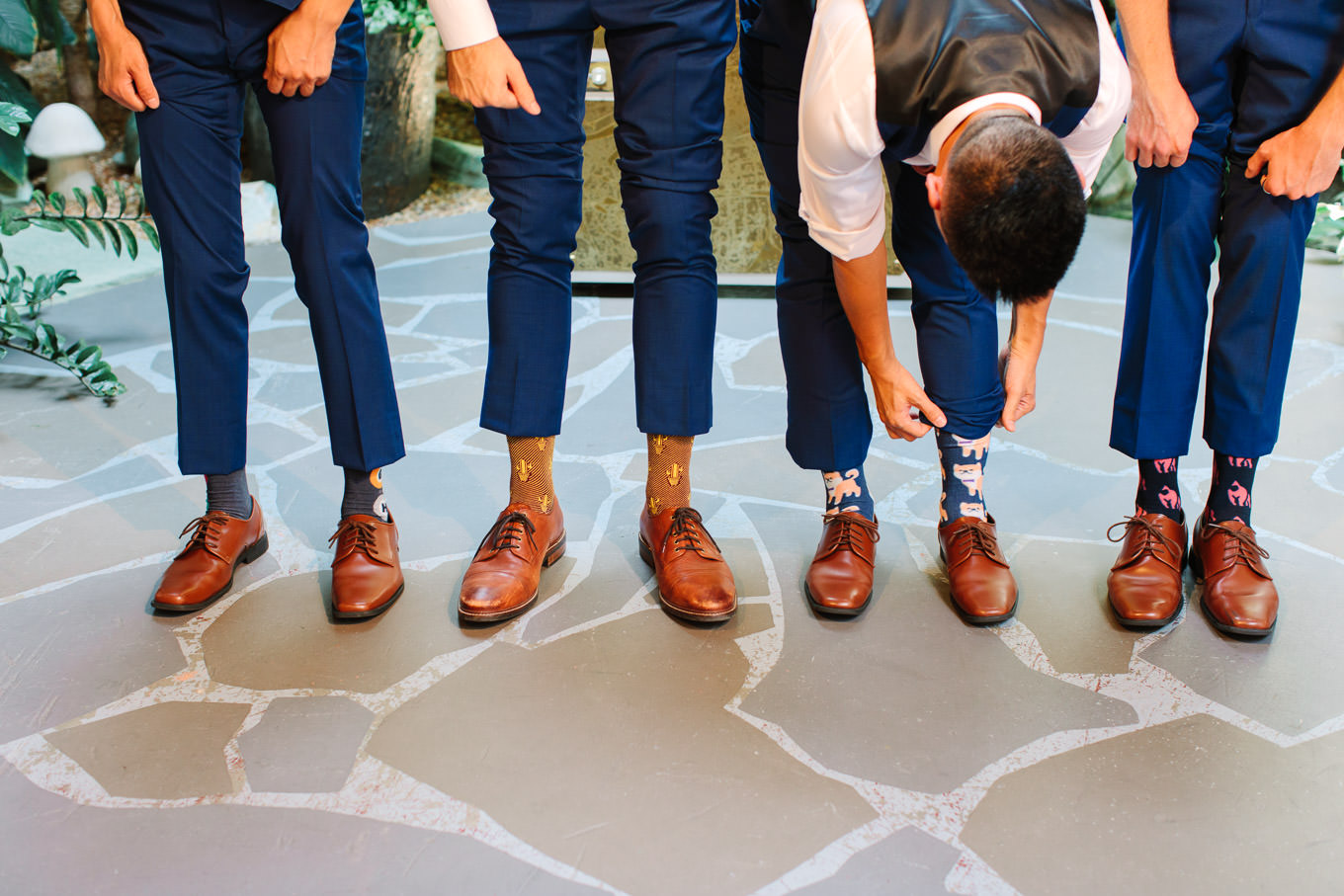 Groomsmen in fun socks | Colorful Downtown Los Angeles Valentine Wedding | Los Angeles wedding photographer | #losangeleswedding #colorfulwedding #DTLA #valentinedtla   Source: Mary Costa Photography | Los Angeles