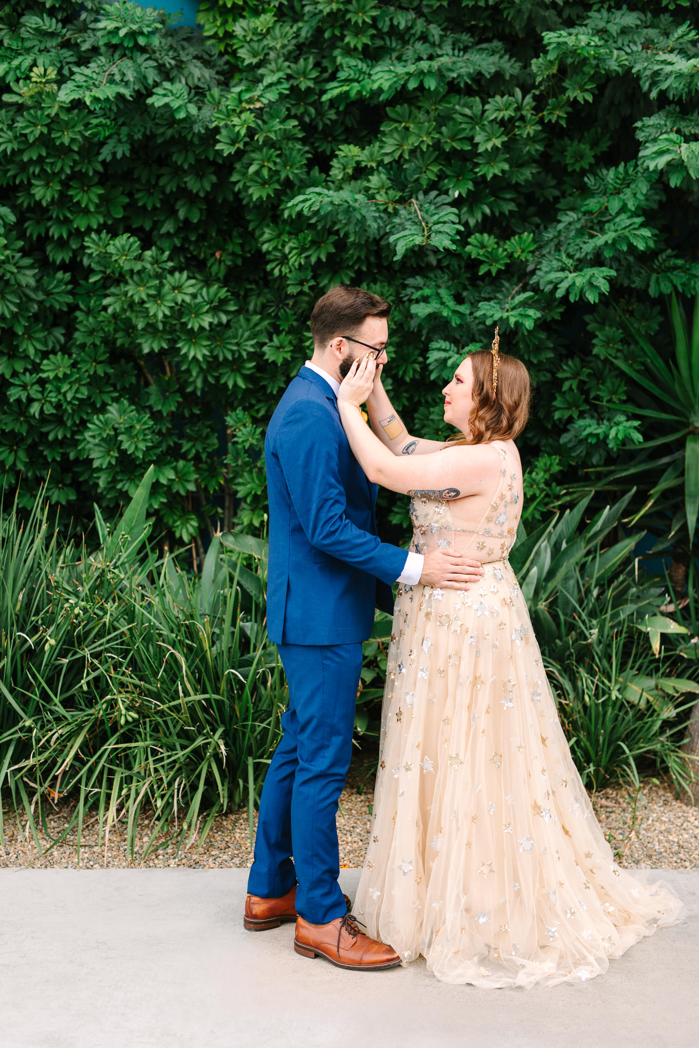 First look between bride and groom | Colorful Downtown Los Angeles Valentine Wedding | Los Angeles wedding photographer | #losangeleswedding #colorfulwedding #DTLA #valentinedtla   Source: Mary Costa Photography | Los Angeles