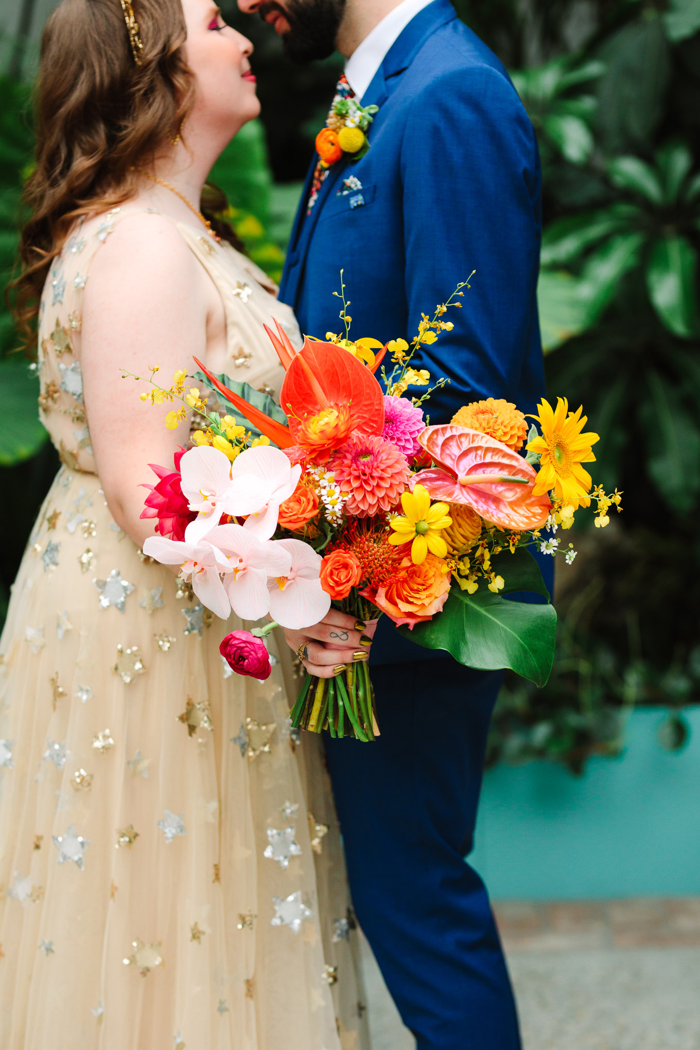 Tropical colorful bouquet by Winston and Main | Colorful Downtown Los Angeles Valentine Wedding | Los Angeles wedding photographer | #losangeleswedding #colorfulwedding #DTLA #valentinedtla   Source: Mary Costa Photography | Los Angeles