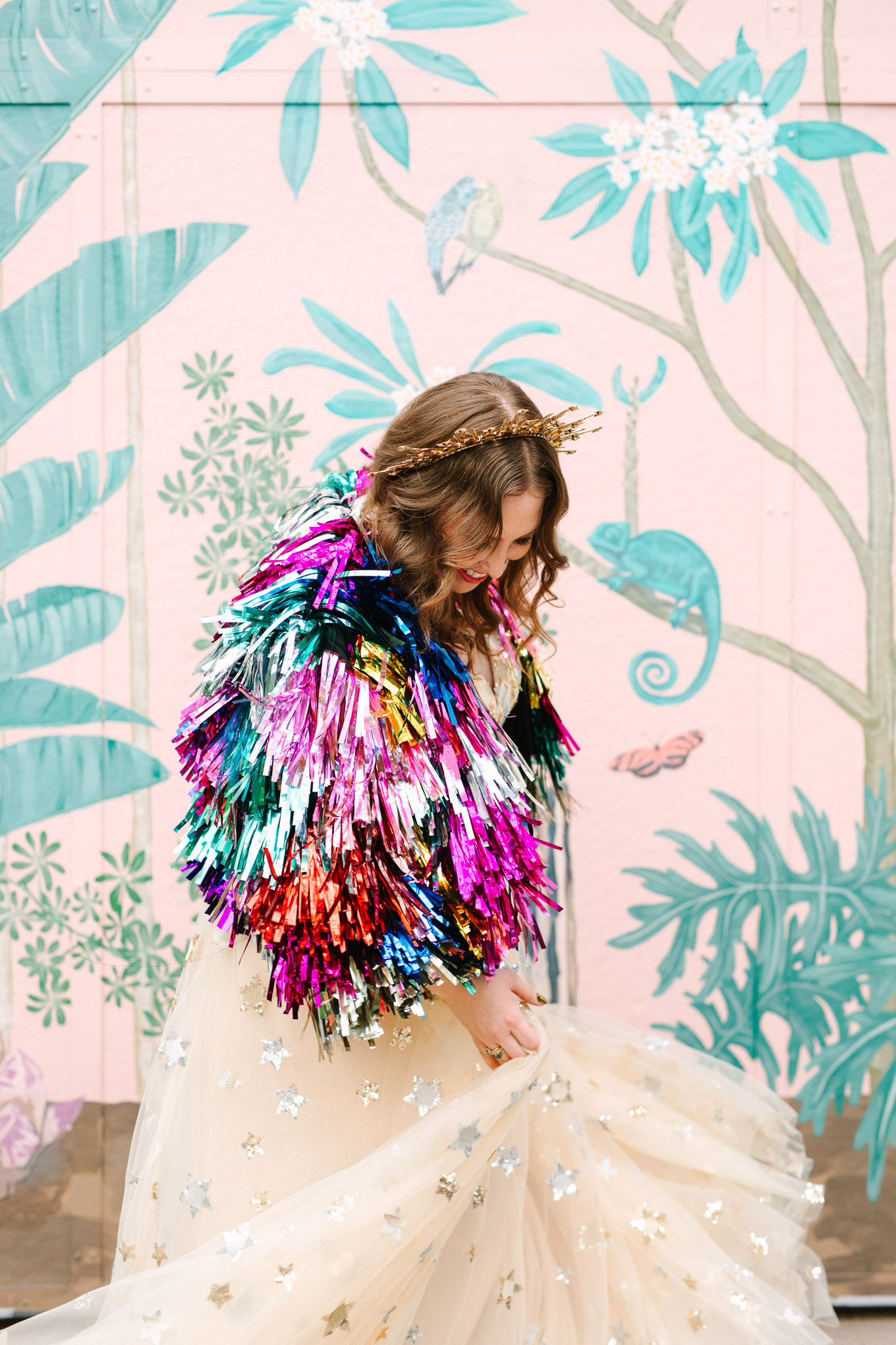 Bride wearing tinsel jacket by Rachel Burke | Colorful Downtown Los Angeles Valentine Wedding | Los Angeles wedding photographer | #losangeleswedding #colorfulwedding #DTLA #valentinedtla   Source: Mary Costa Photography | Los Angeles