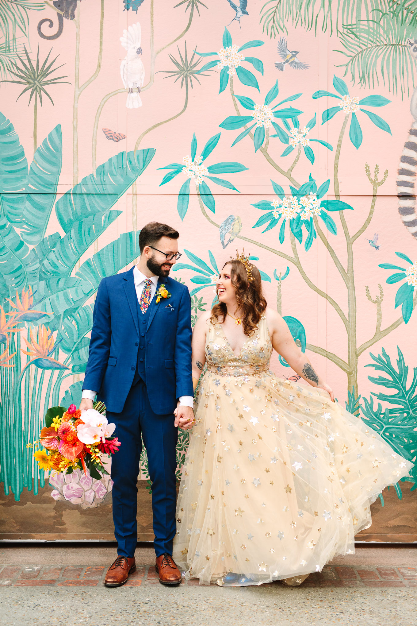 Bride and groom portrait in front of mural | Colorful Downtown Los Angeles Valentine Wedding | Los Angeles wedding photographer | #losangeleswedding #colorfulwedding #DTLA #valentinedtla   Source: Mary Costa Photography | Los Angeles