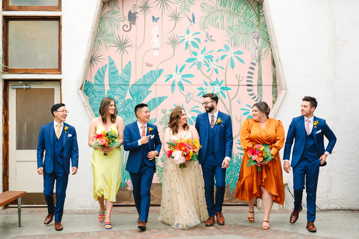 Colorful wedding party in front of mural | Colorful Downtown Los Angeles Valentine Wedding | Los Angeles wedding photographer | #losangeleswedding #colorfulwedding #DTLA #valentinedtla   Source: Mary Costa Photography | Los Angeles