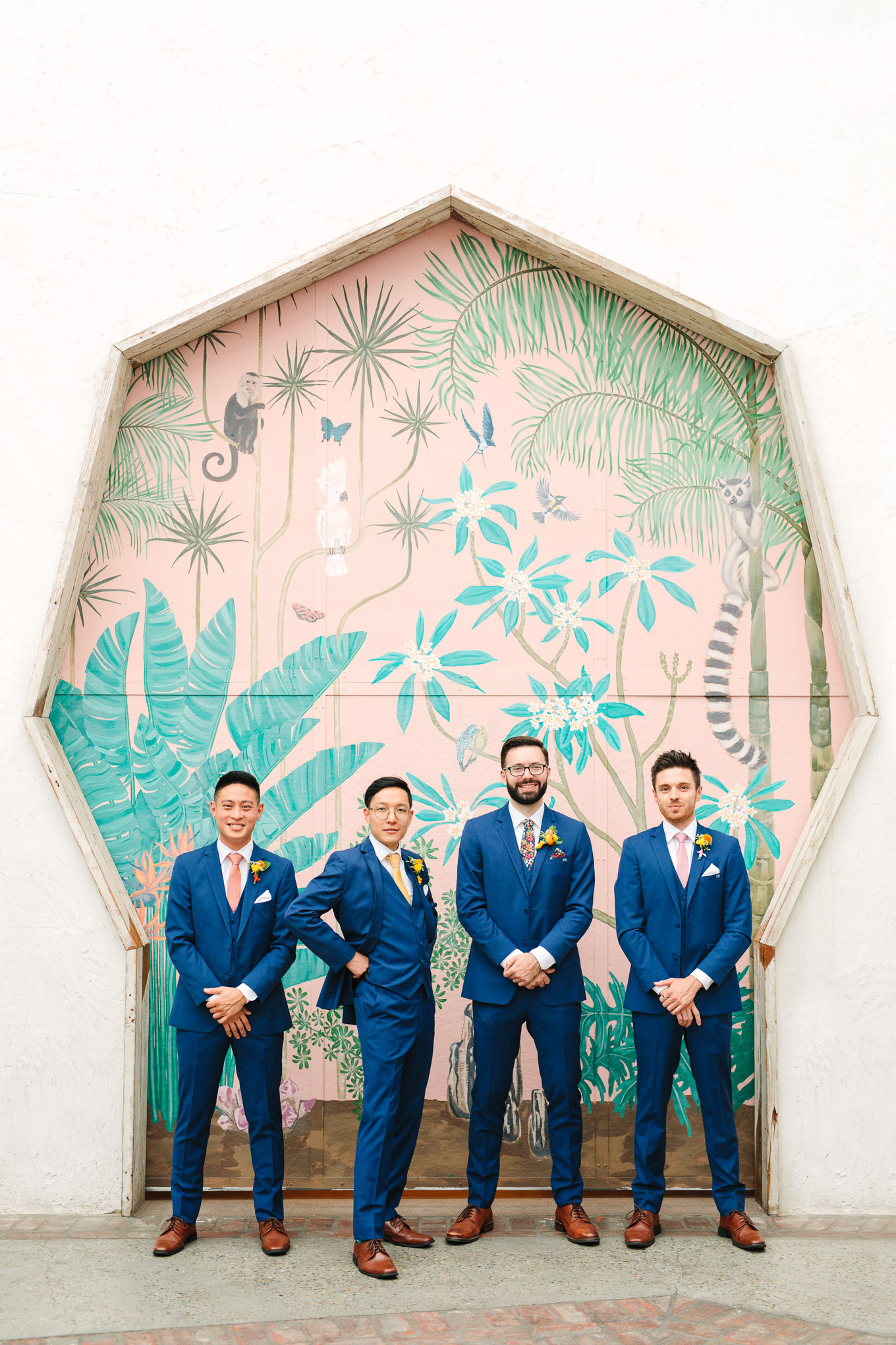Groomsmen in blue suits | Colorful Downtown Los Angeles Valentine Wedding | Los Angeles wedding photographer | #losangeleswedding #colorfulwedding #DTLA #valentinedtla   Source: Mary Costa Photography | Los Angeles