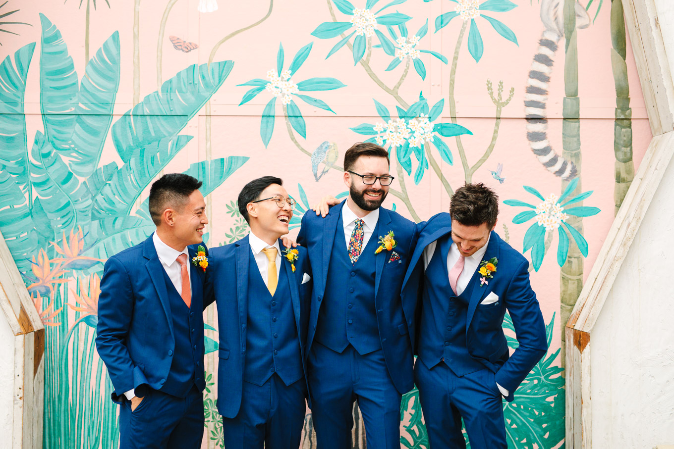 Groomsmen in bright blue suits | Colorful Downtown Los Angeles Valentine Wedding | Los Angeles wedding photographer | #losangeleswedding #colorfulwedding #DTLA #valentinedtla   Source: Mary Costa Photography | Los Angeles