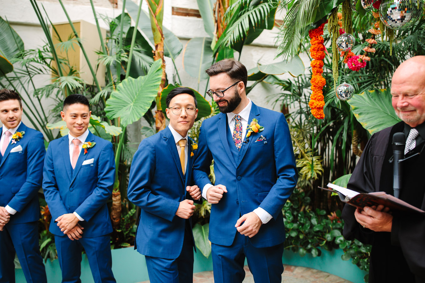 Groom arriving at ceremony | Colorful Downtown Los Angeles Valentine Wedding | Los Angeles wedding photographer | #losangeleswedding #colorfulwedding #DTLA #valentinedtla   Source: Mary Costa Photography | Los Angeles