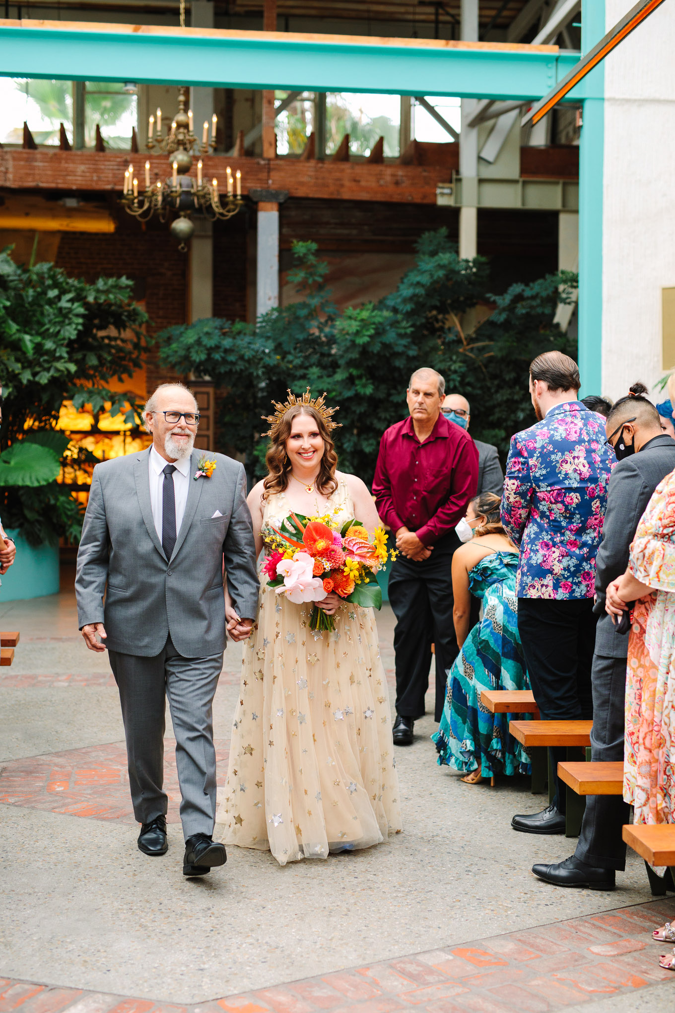 Bride walking down the aisle with father | Colorful Downtown Los Angeles Valentine Wedding | Los Angeles wedding photographer | #losangeleswedding #colorfulwedding #DTLA #valentinedtla   Source: Mary Costa Photography | Los Angeles