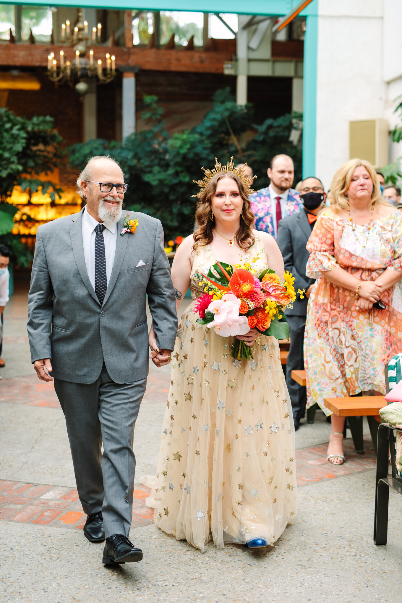 Bride and father walking down the aisle | Colorful Downtown Los Angeles Valentine Wedding | Los Angeles wedding photographer | #losangeleswedding #colorfulwedding #DTLA #valentinedtla   Source: Mary Costa Photography | Los Angeles