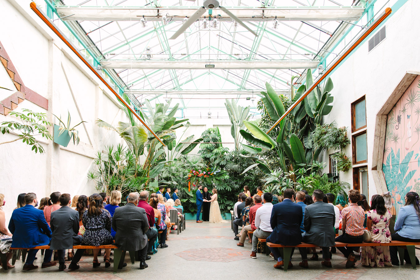 Wide shot of tropical ceremony location at Valentine | Colorful Downtown Los Angeles Valentine Wedding | Los Angeles wedding photographer | #losangeleswedding #colorfulwedding #DTLA #valentinedtla   Source: Mary Costa Photography | Los Angeles