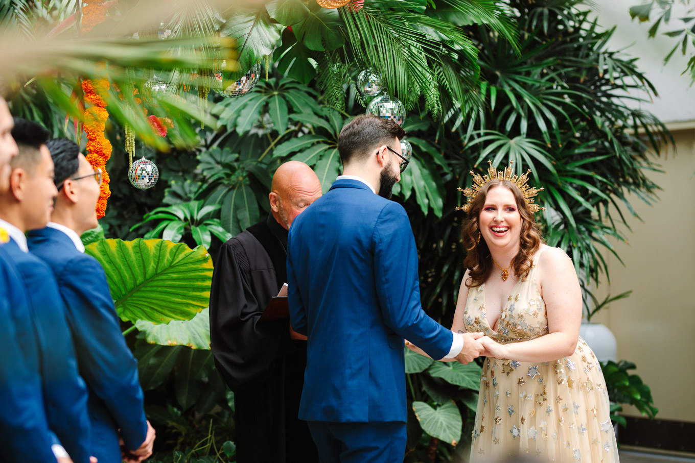 Bride and groom laughing during wedding ceremony | Colorful Downtown Los Angeles Valentine Wedding | Los Angeles wedding photographer | #losangeleswedding #colorfulwedding #DTLA #valentinedtla   Source: Mary Costa Photography | Los Angeles