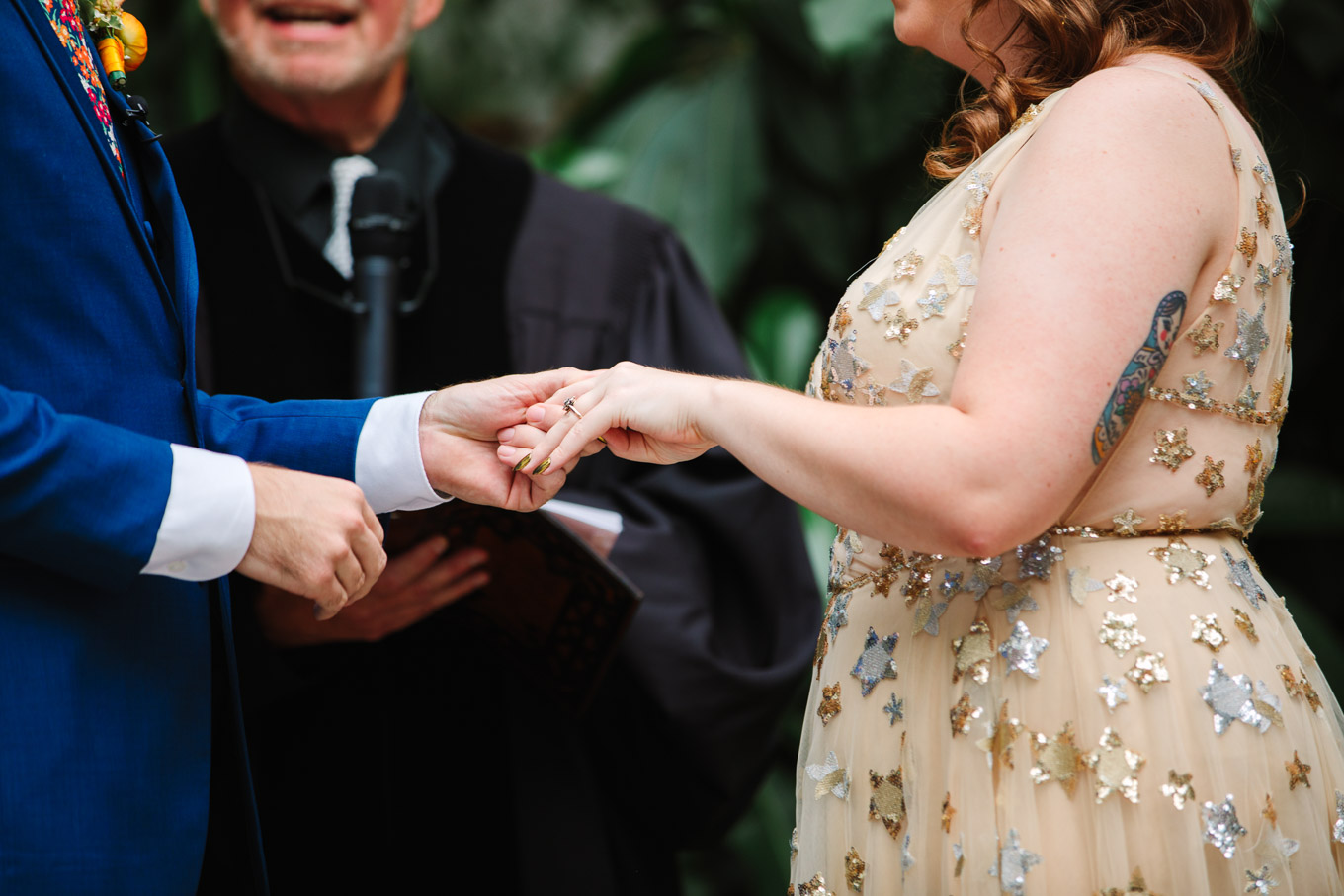 Ring exchange during wedding ceremony | Colorful Downtown Los Angeles Valentine Wedding | Los Angeles wedding photographer | #losangeleswedding #colorfulwedding #DTLA #valentinedtla   Source: Mary Costa Photography | Los Angeles