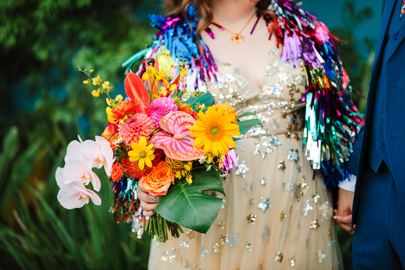 Colorful bridal bouquet | Colorful Downtown Los Angeles Valentine Wedding | Los Angeles wedding photographer | #losangeleswedding #colorfulwedding #DTLA #valentinedtla   Source: Mary Costa Photography | Los Angeles