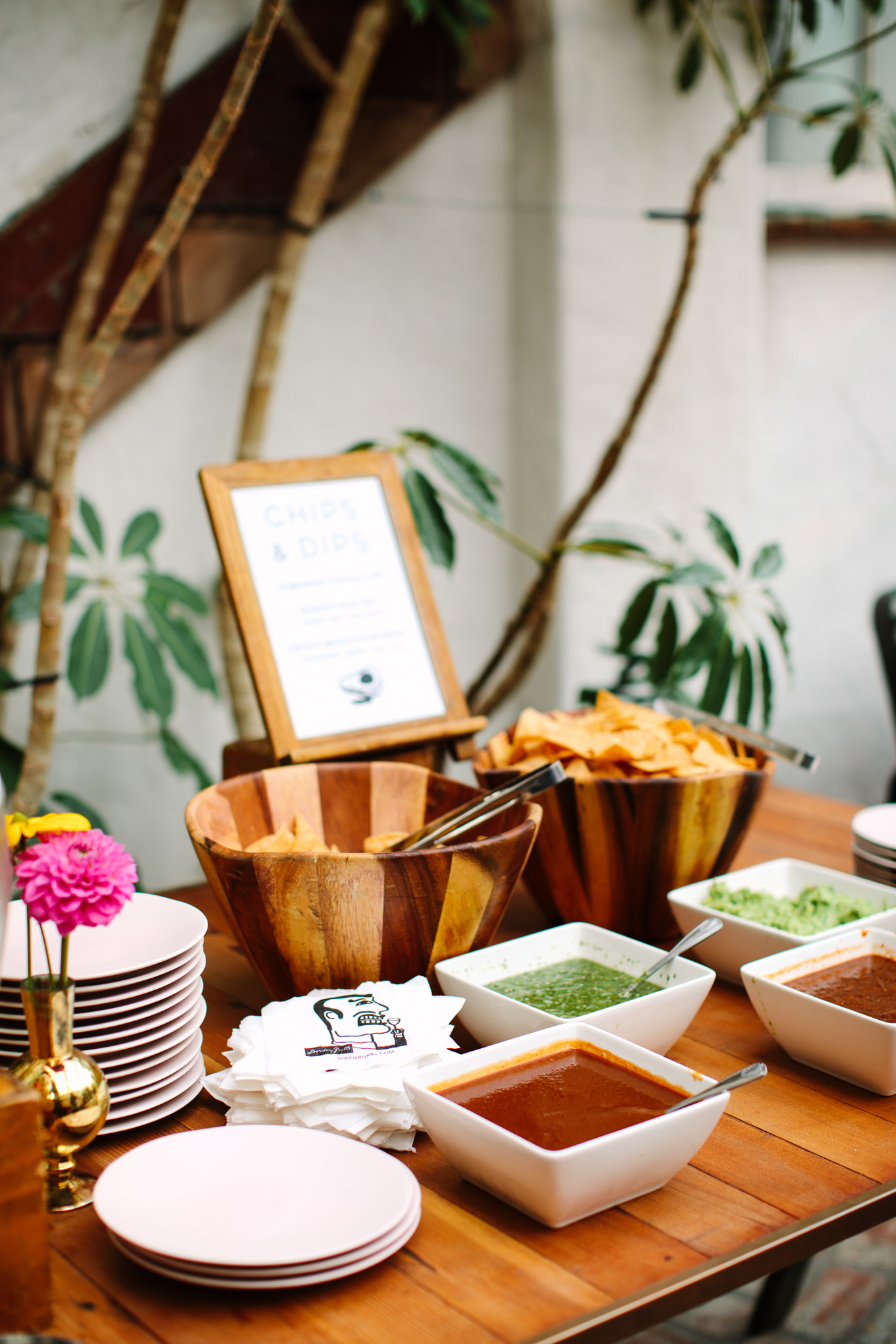 Chips and salsa at wedding cocktail hour | Colorful Downtown Los Angeles Valentine Wedding | Los Angeles wedding photographer | #losangeleswedding #colorfulwedding #DTLA #valentinedtla   Source: Mary Costa Photography | Los Angeles